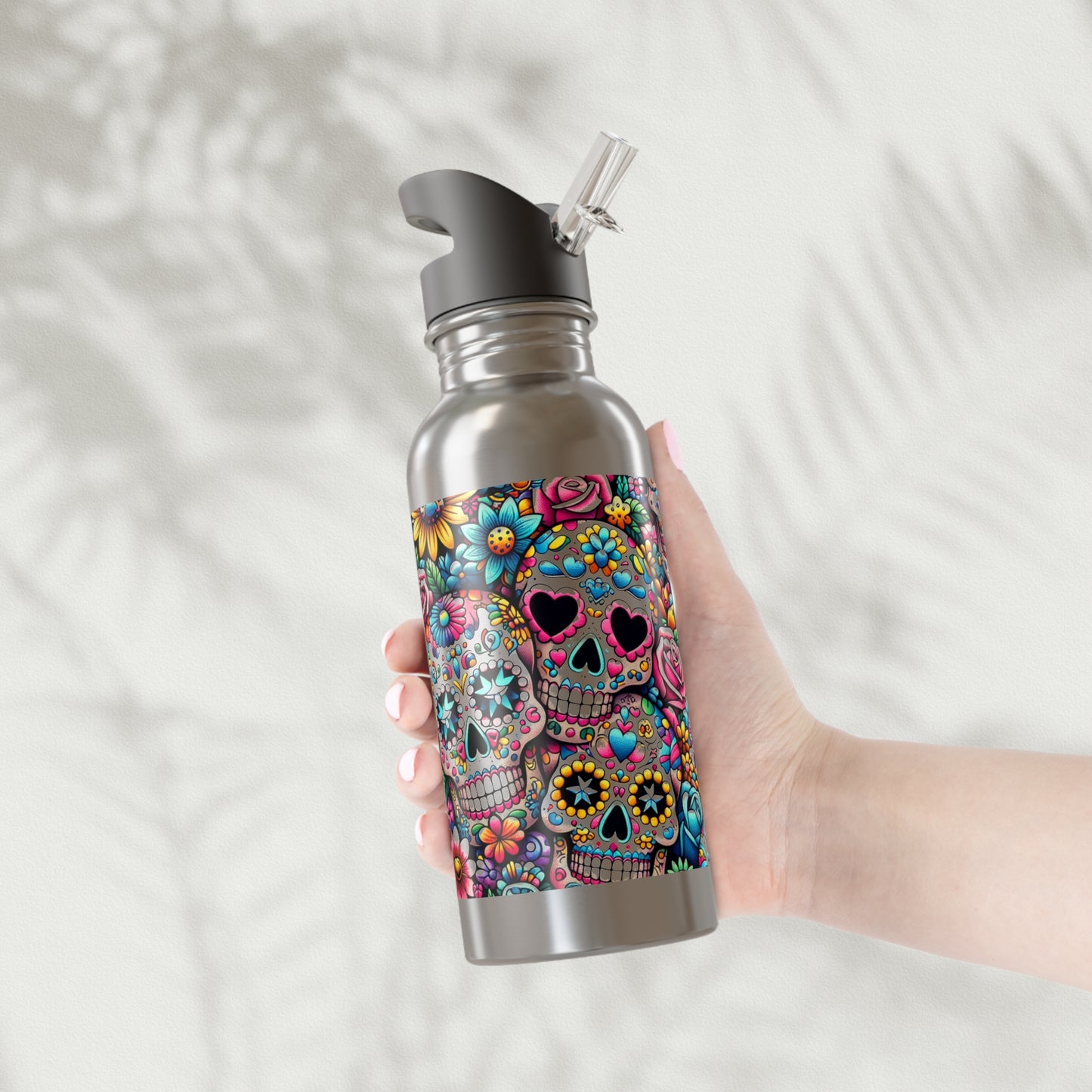 Water Bottle with Straw - Sugar Skulls and Flowers Design, 20oz