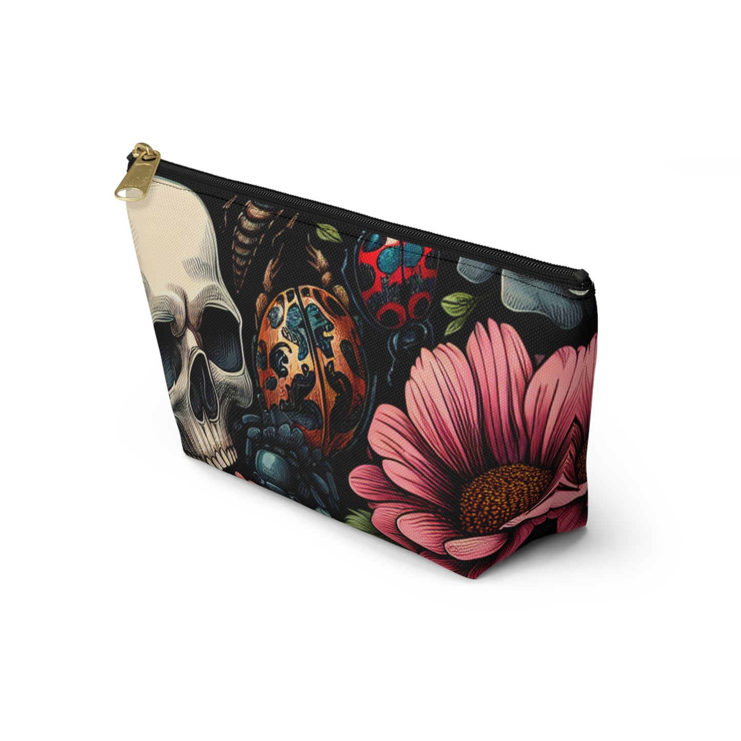 Gothic Floral Accessory Pouch, Makeup Bag, Travel Organizer, Gift for Her, Skull Design, Halloween Accessories, Motorcycle Bag