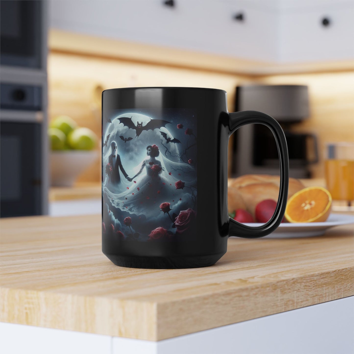 Mug - Halloween and Valentines Mix - Ghosts Bride & Groom, Bats, Hearts - Love Never Dies
