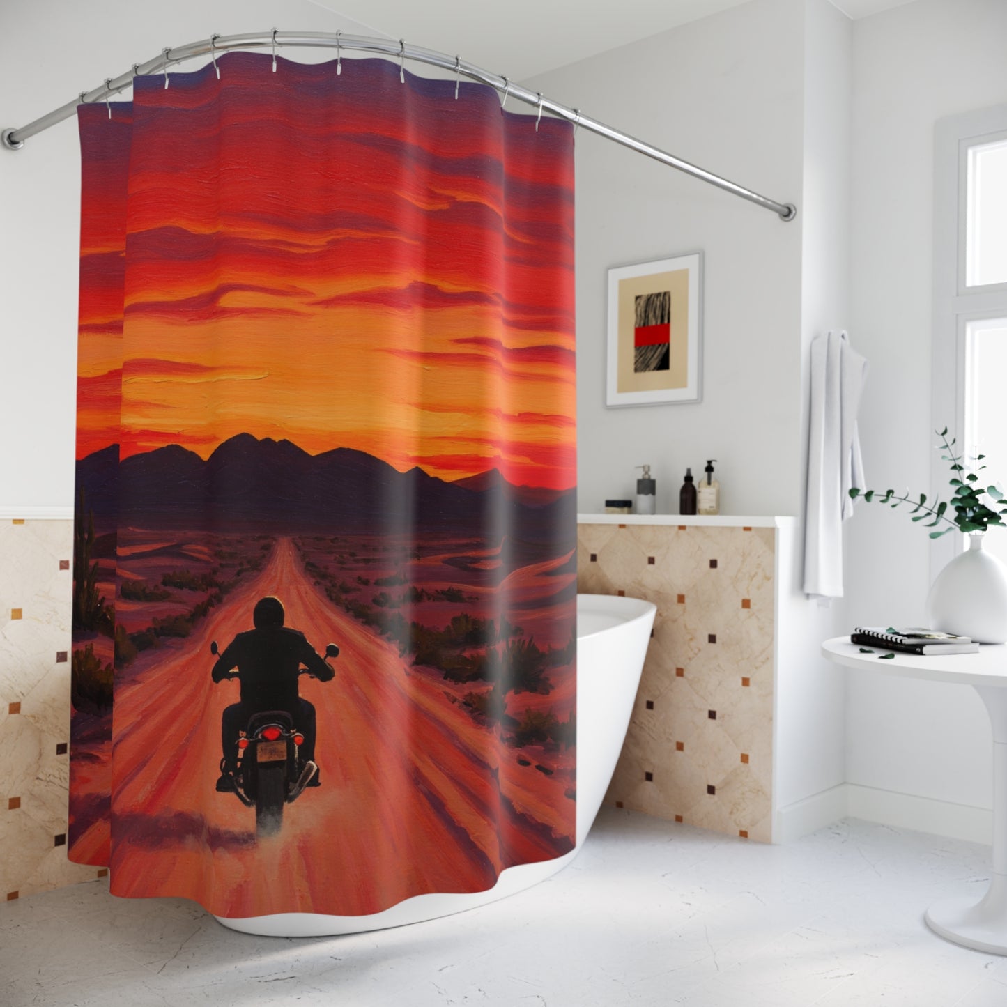 Shower Curtain-Biker Decor-Motorcycle Ride at Sunrise-Biker bathroom