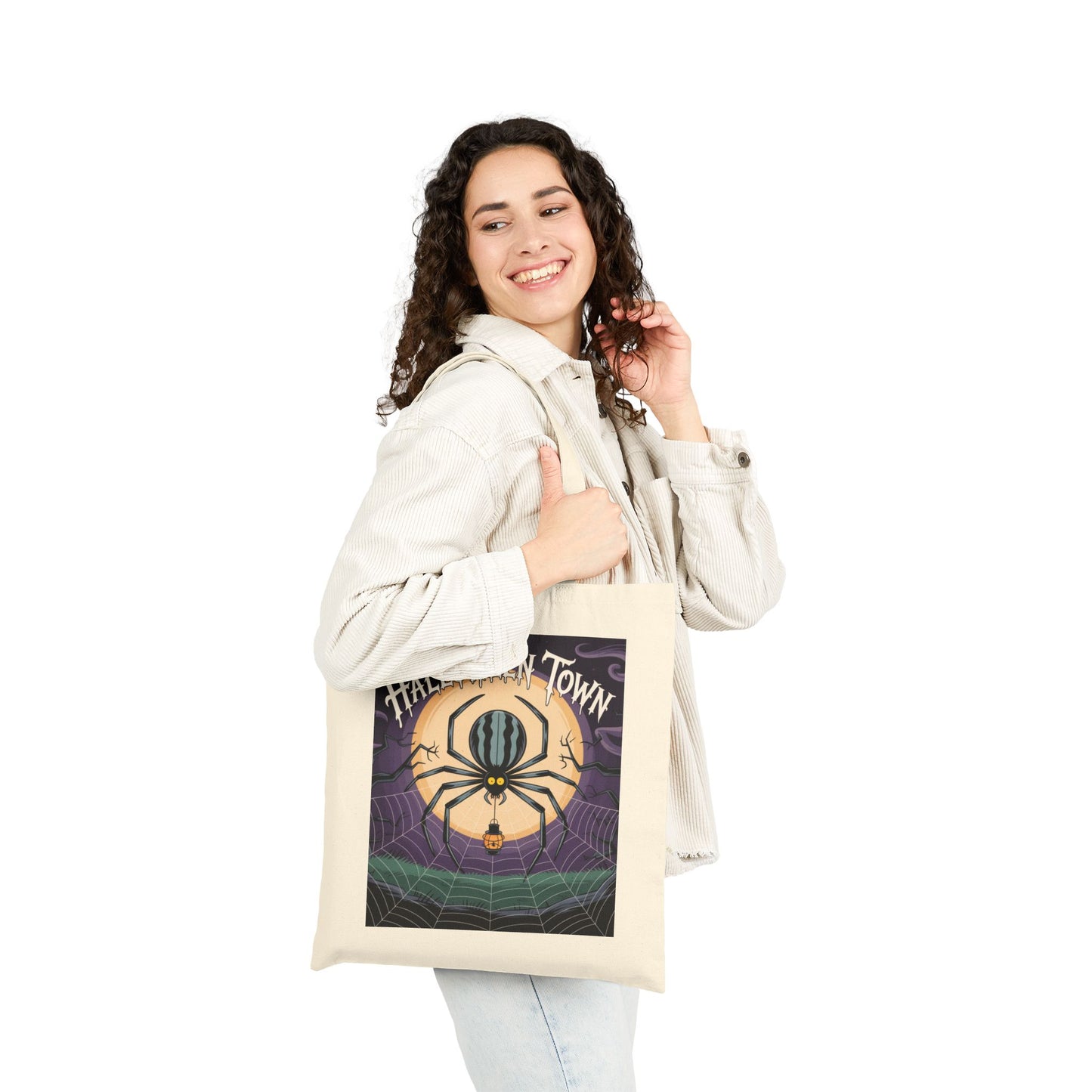 Halloween-Themed Cotton Canvas Tote Bag, Trick or Treat Bag, Spider Design Market Tote, Ghoul's Day Gift, Eco-Friendly Halloween Tote