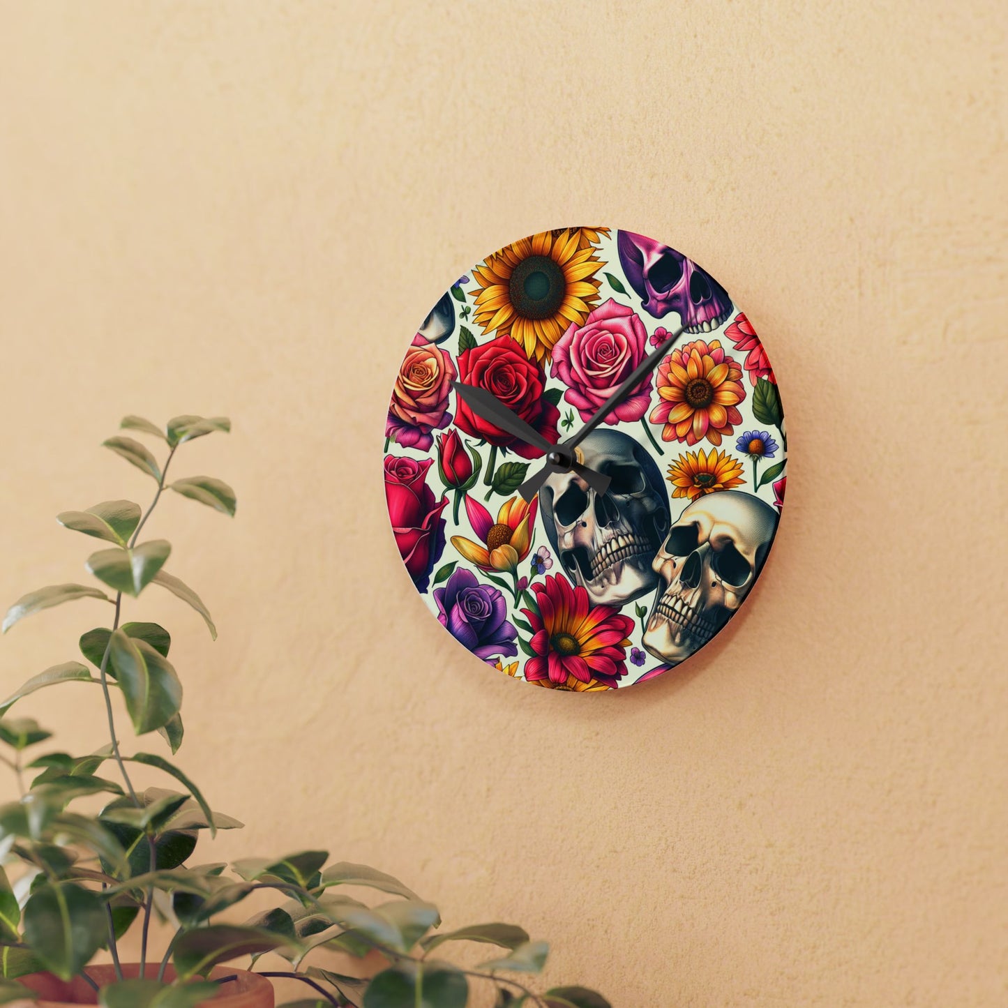 Acrylic Wall Clock-Skulls and Roses Pattern-Kitchen Clock
