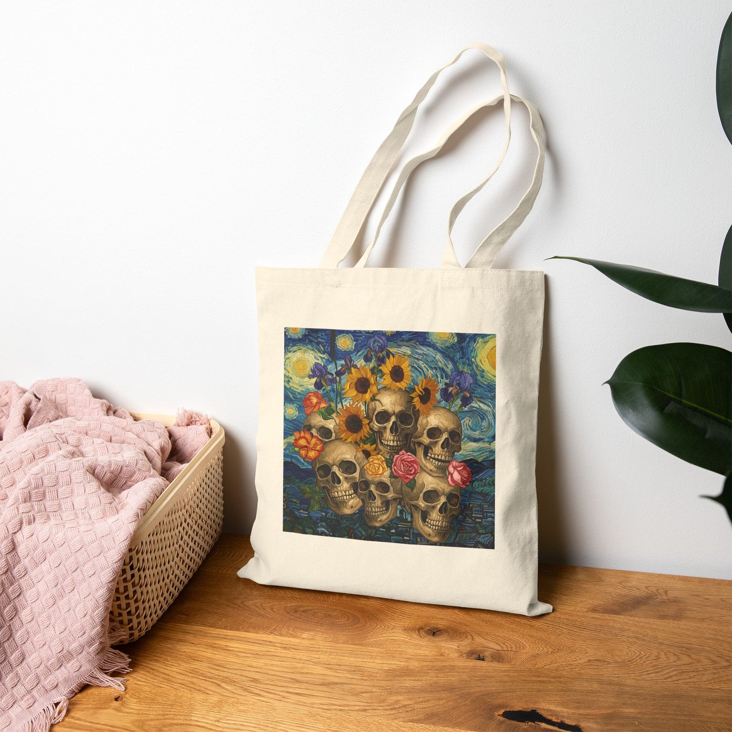 Canvas Tote Bag - Van Gogh Motorcycle Pinup and Skulls with Flowers Design