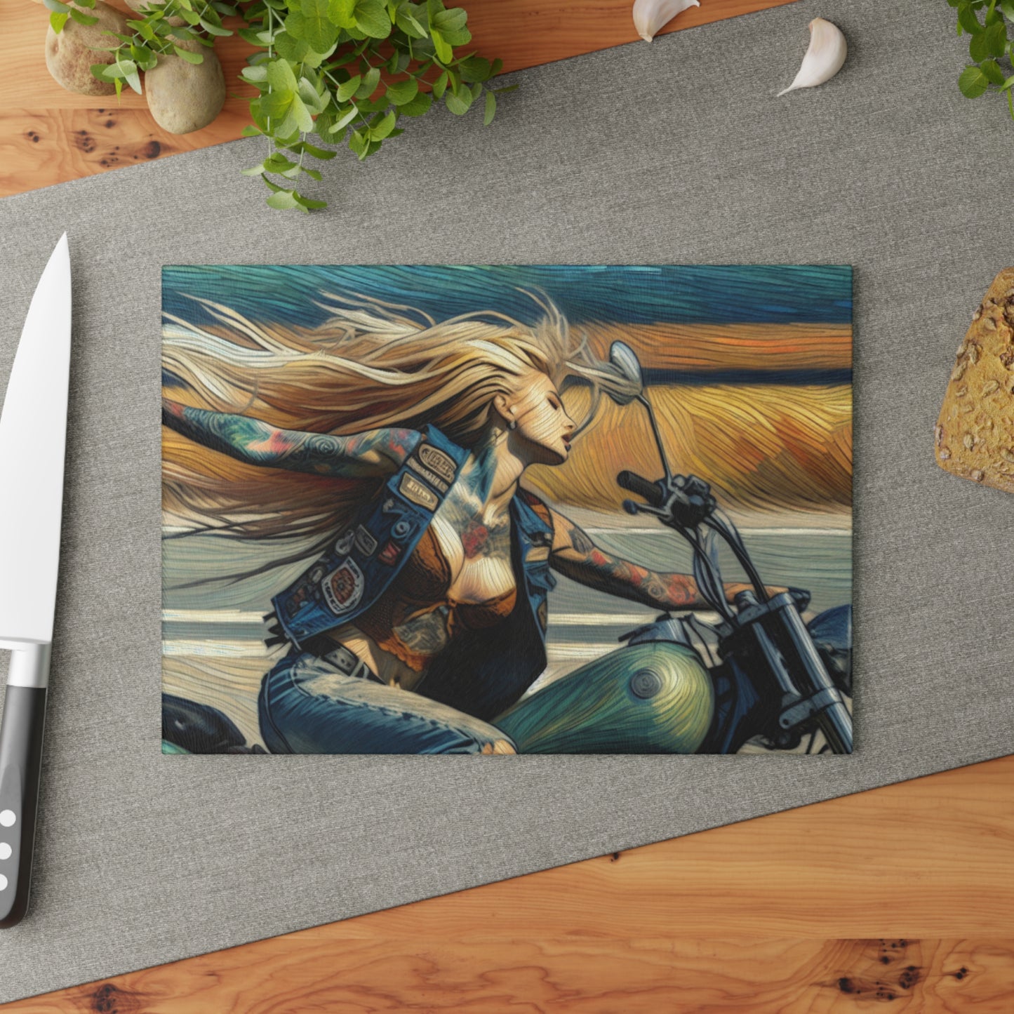 Biker Chic Glass Cutting Board | Unique Kitchen Decor, Gift for Her, Motorcycle Lover, Housewarming, Artful Cooking