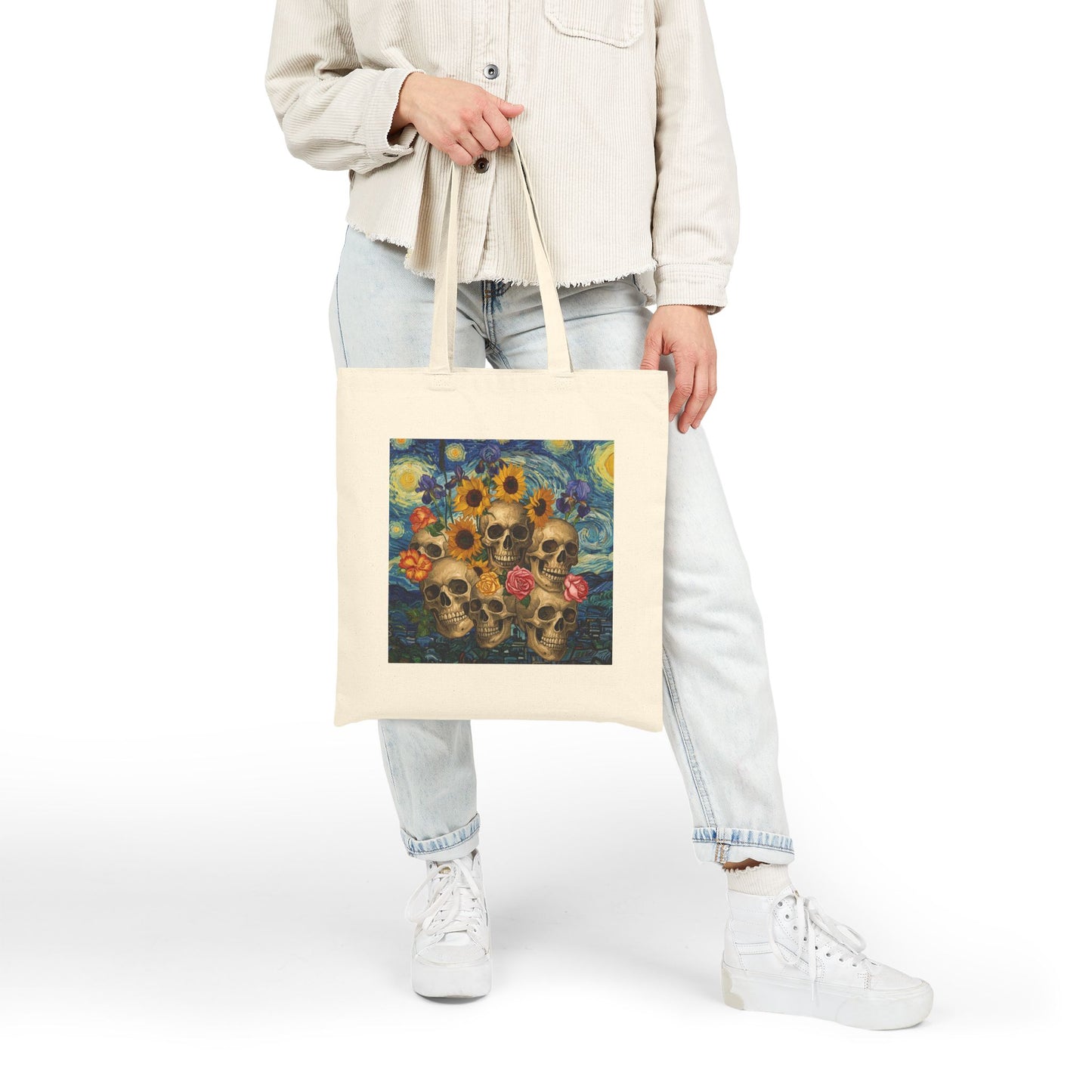 Canvas Tote Bag - Van Gogh Motorcycle Pinup and Skulls with Flowers Design