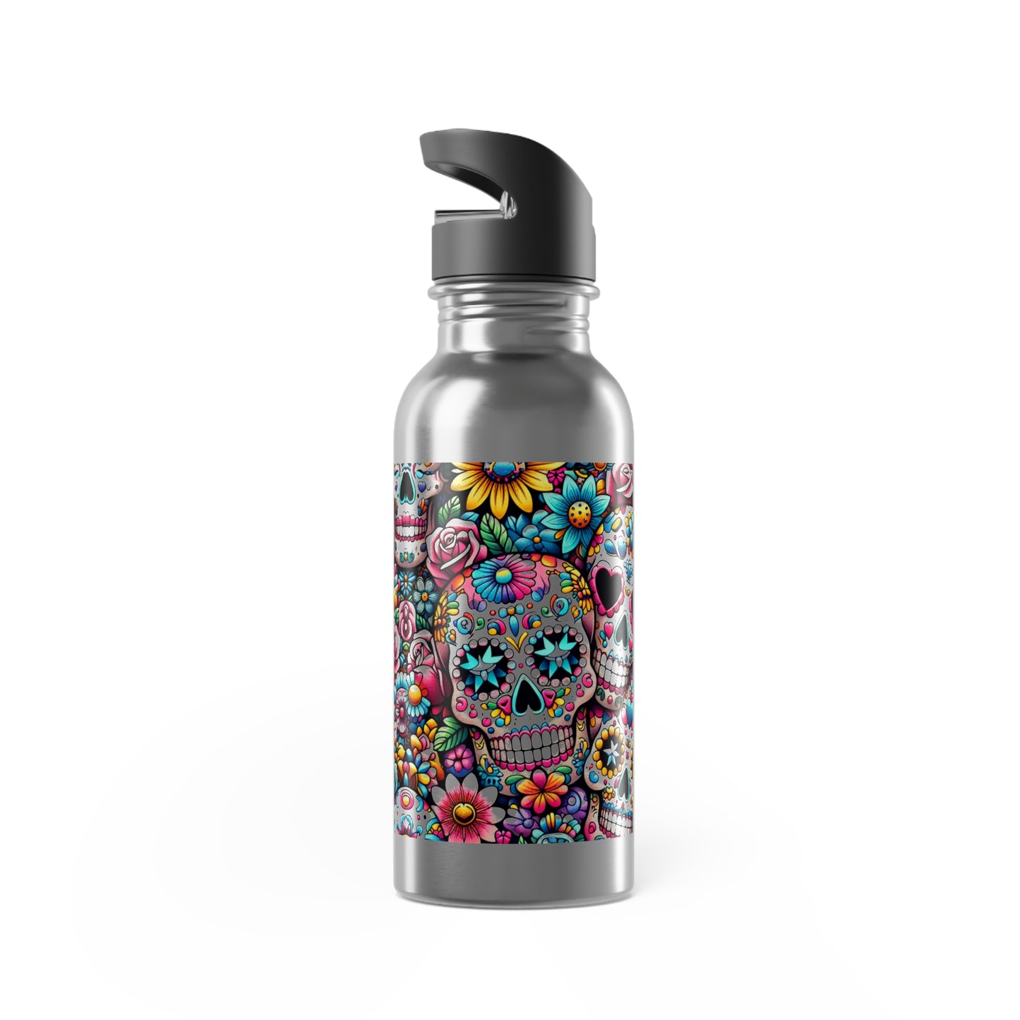 Water Bottle with Straw - Sugar Skulls and Flowers Design, 20oz