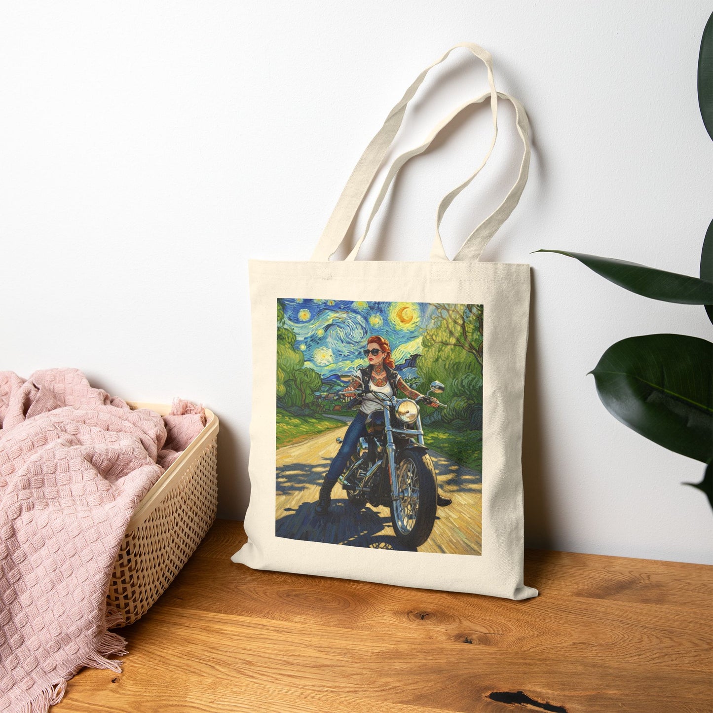 Canvas Tote Bag - Van Gogh Motorcycle Pinup and Skulls with Flowers Design