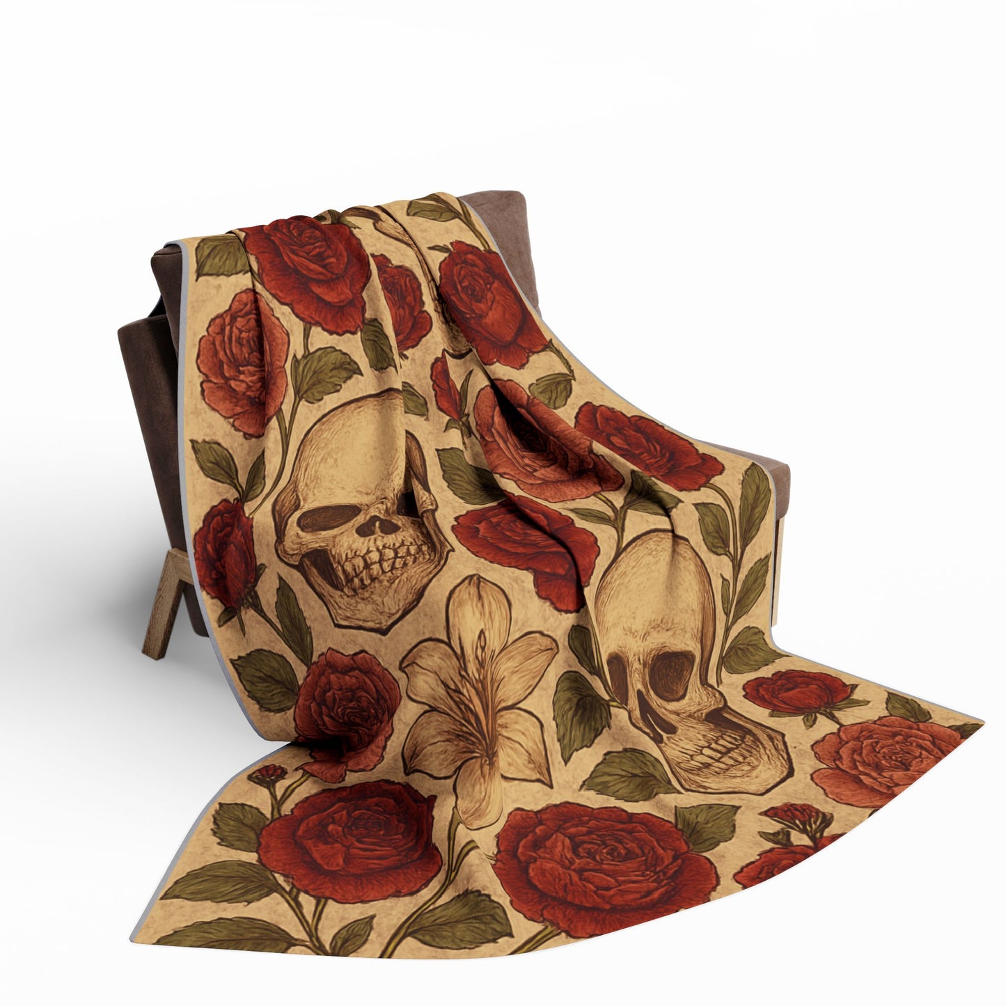 Fleece Blanket - Skulls and Floral Pattern in Creams and Reds