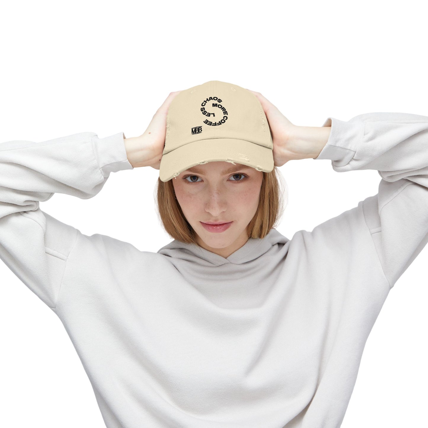 Distressed Unisex Cap with 'Less Chaos More Coffee' Design, Casual Headwear, Gift for Coffee Lovers, Trendy Hat, Relaxed Fit Cap