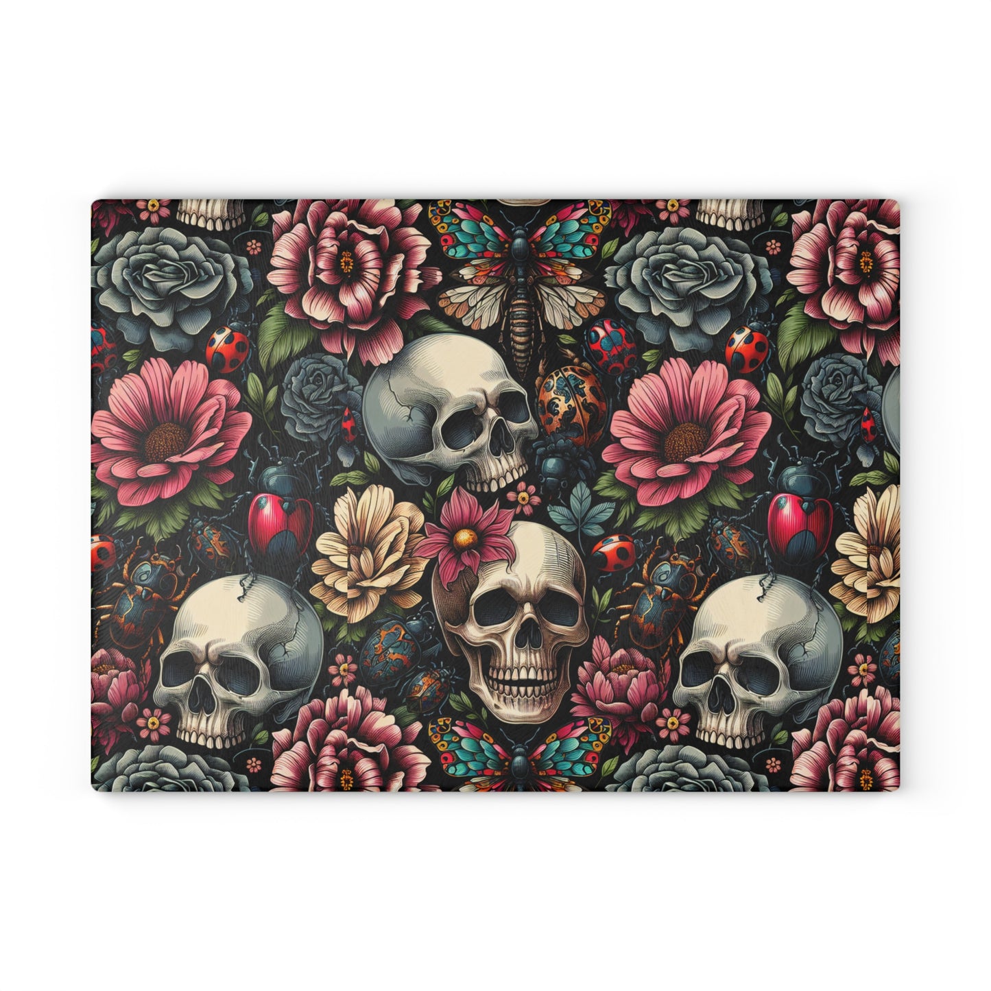 Gothic Floral Glass Cutting Board, Unique Kitchen Decor, Ideal for Gifts, Home Cooking, Halloween, Party Supplies, Skull Design