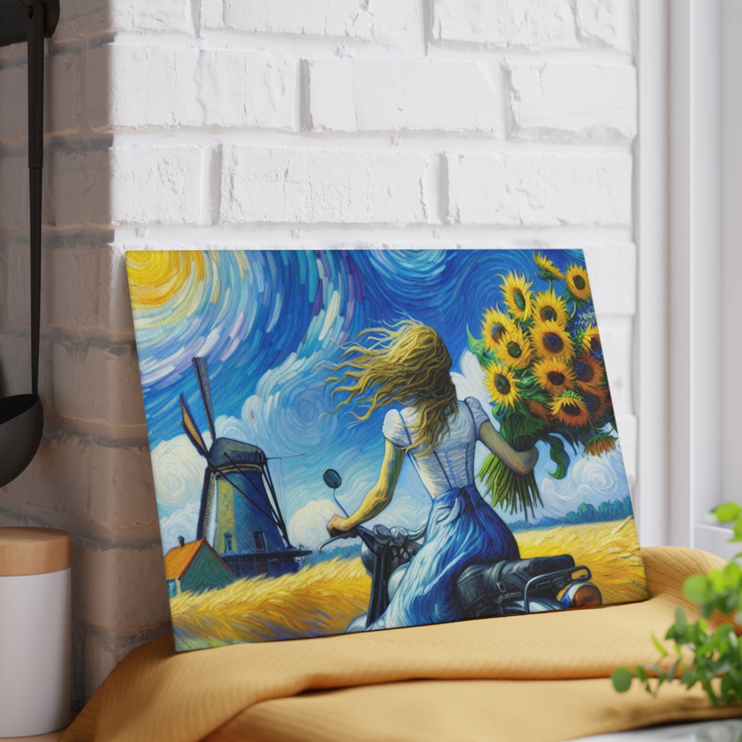Glass Cutting Board with Sunflowers and Windmill Design - Perfect for Home Cooking and Gift Giving-Cheese Platter