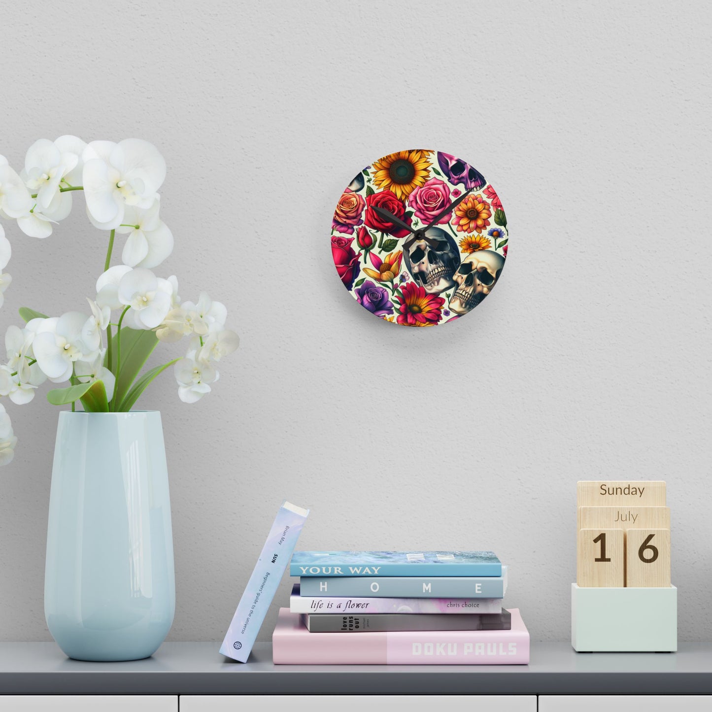Acrylic Wall Clock-Skulls and Roses Pattern-Kitchen Clock