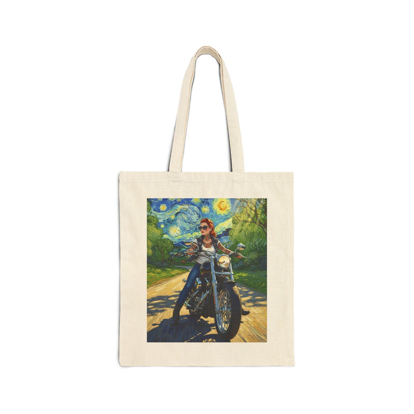 Canvas Tote Bag - Van Gogh Motorcycle Pinup and Skulls with Flowers Design