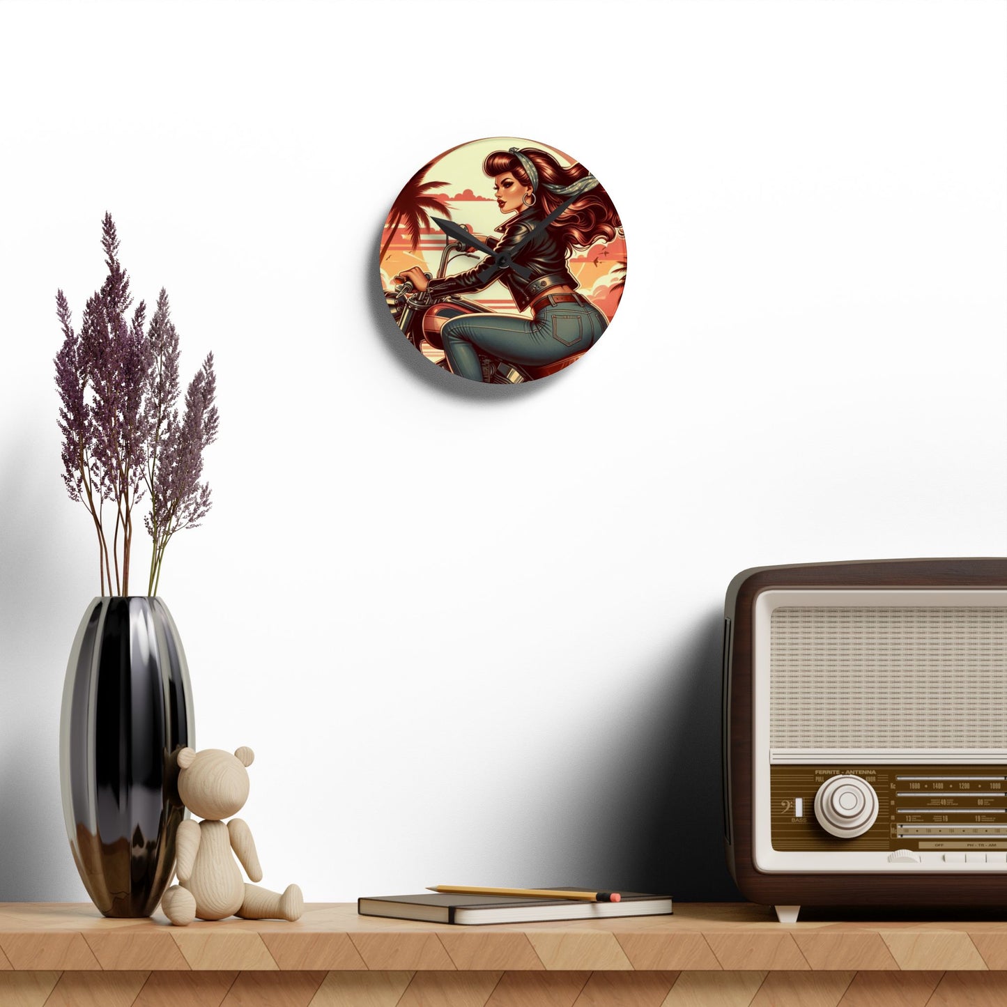 Acrylic Wall Clock - Girl Motorcycle Riding at the Beach