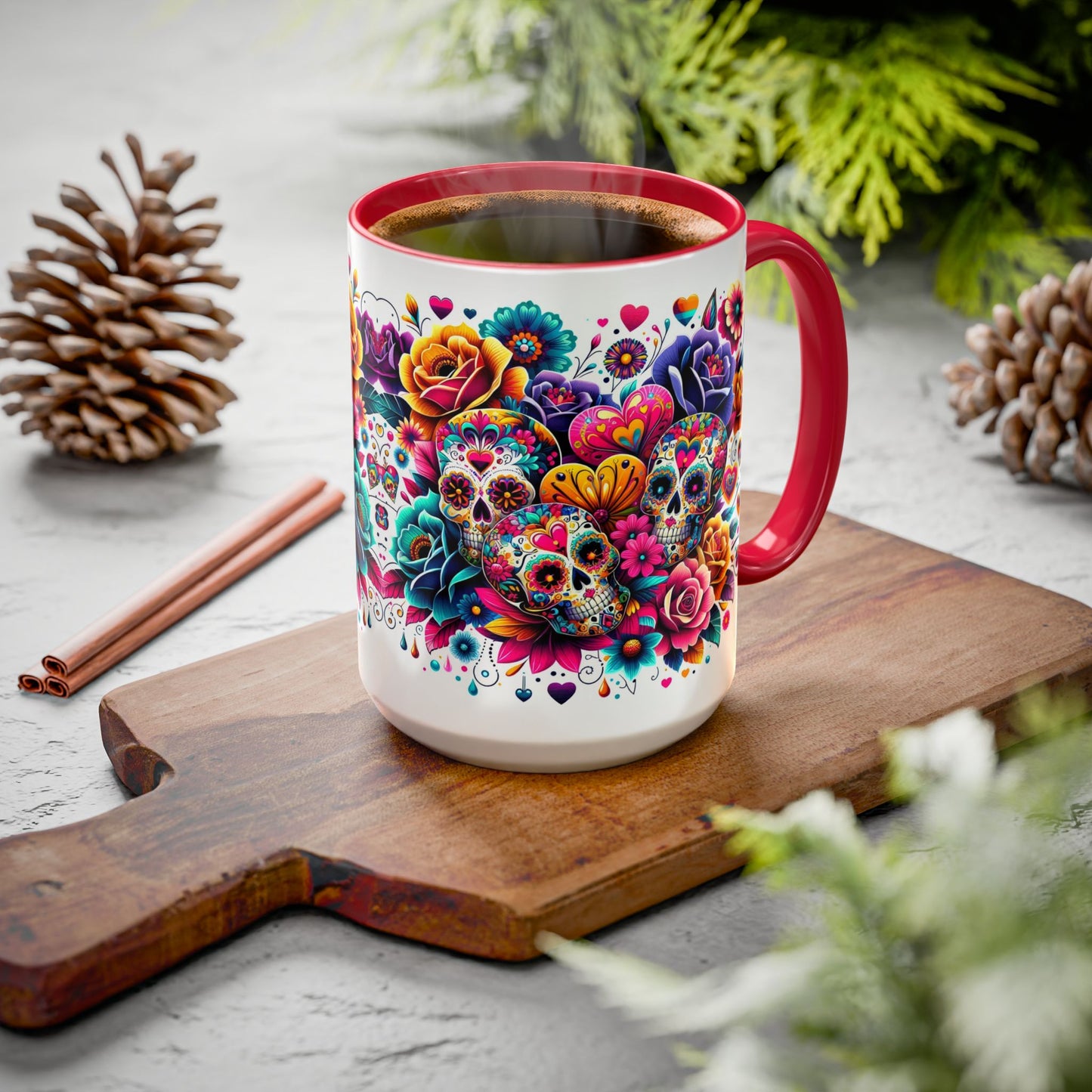 Mug-Flowers, Skulls and Hearts-Halloween meets Valentine's Day Coffee Cup