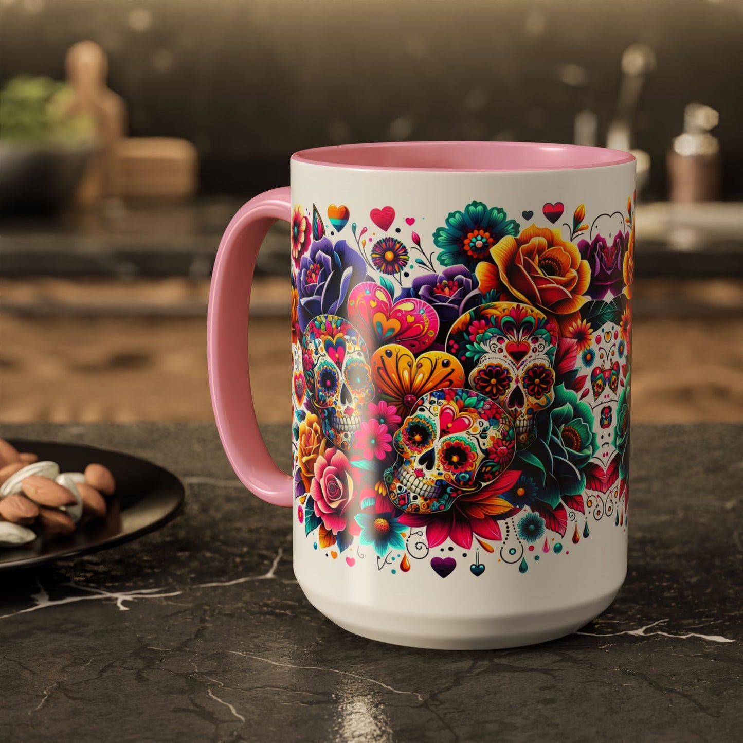Mug-Flowers, Skulls and Hearts-Halloween meets Valentine's Day Coffee Cup