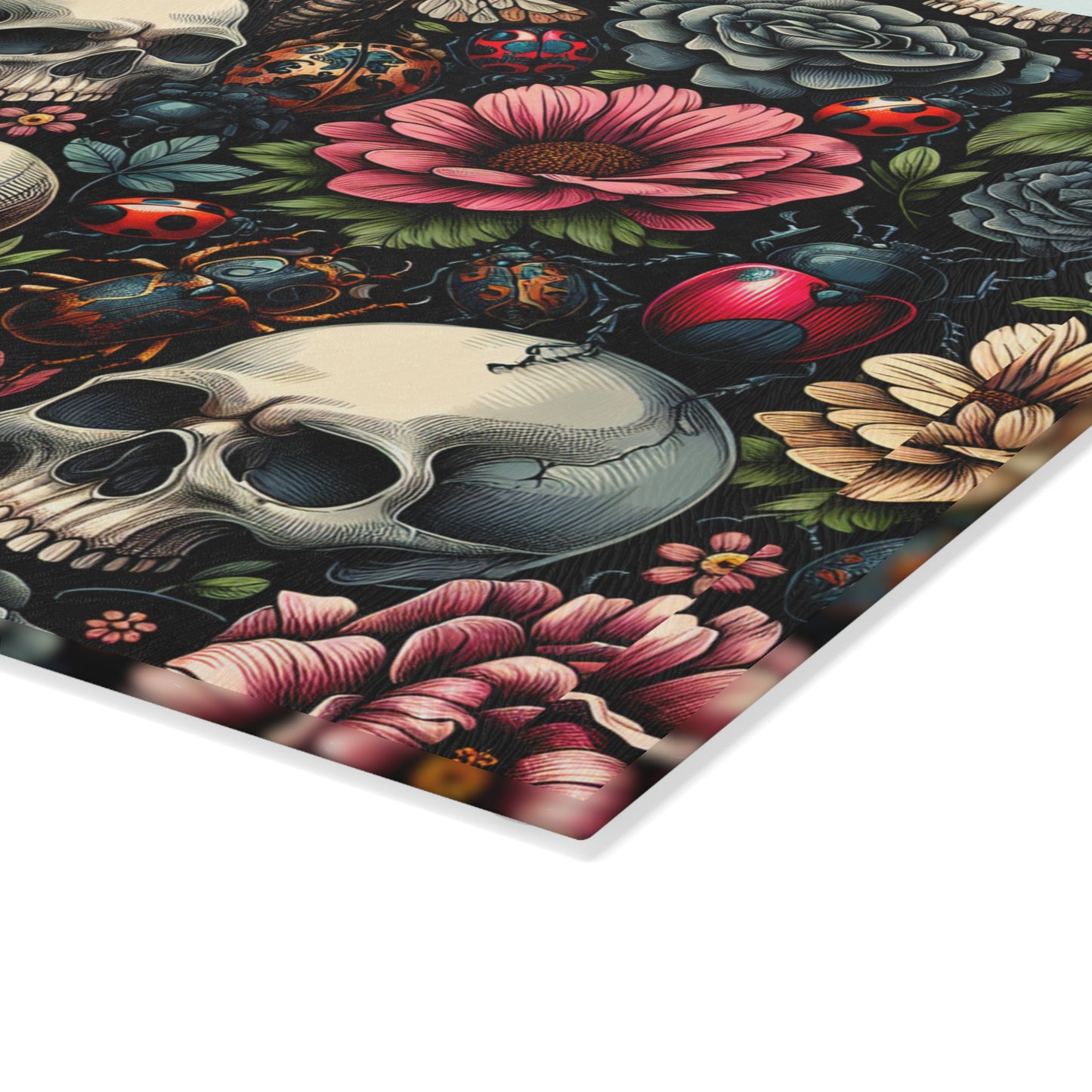 Gothic Floral Glass Cutting Board, Unique Kitchen Decor, Ideal for Gifts, Home Cooking, Halloween, Party Supplies, Skull Design