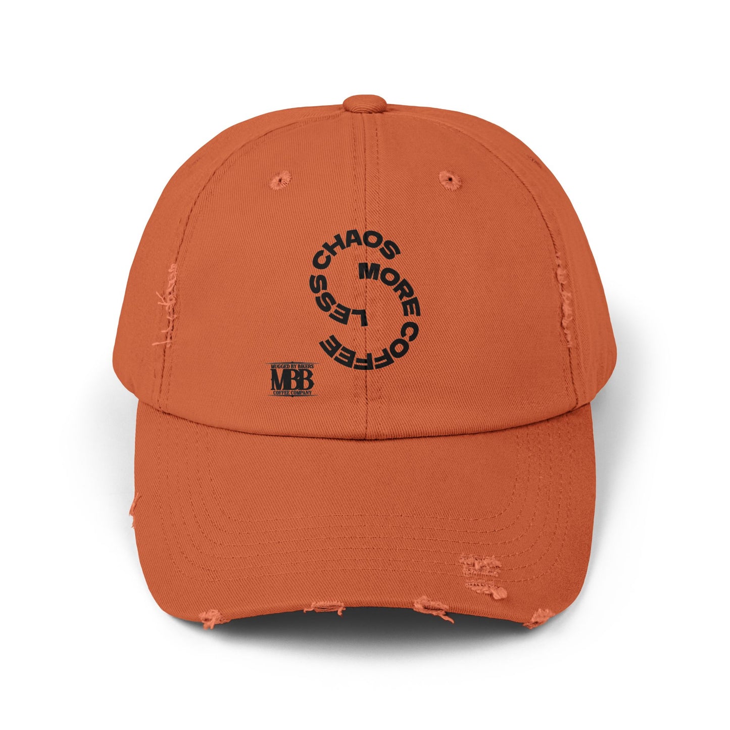 Distressed Unisex Cap with 'Less Chaos More Coffee' Design, Casual Headwear, Gift for Coffee Lovers, Trendy Hat, Relaxed Fit Cap