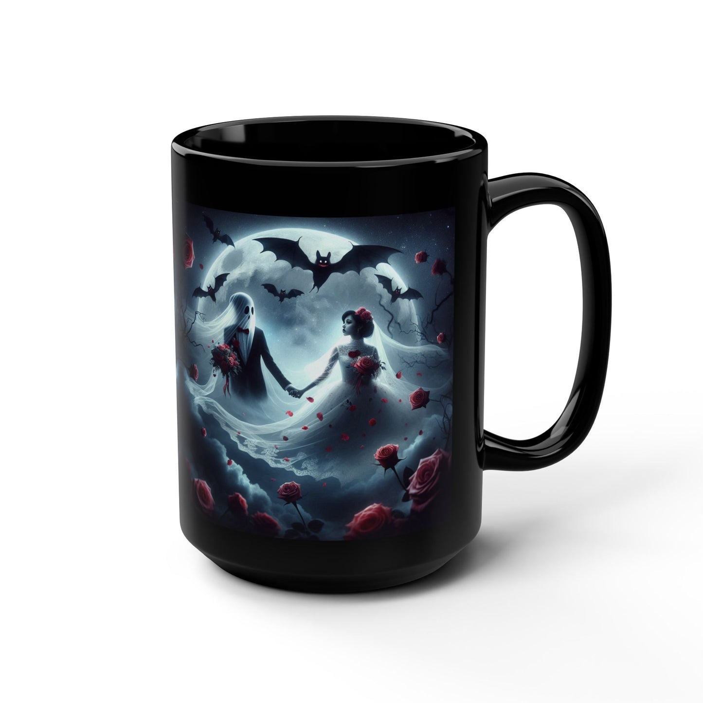 Mug - Halloween and Valentines Mix - Ghosts Bride & Groom, Bats, Hearts - Love Never Dies