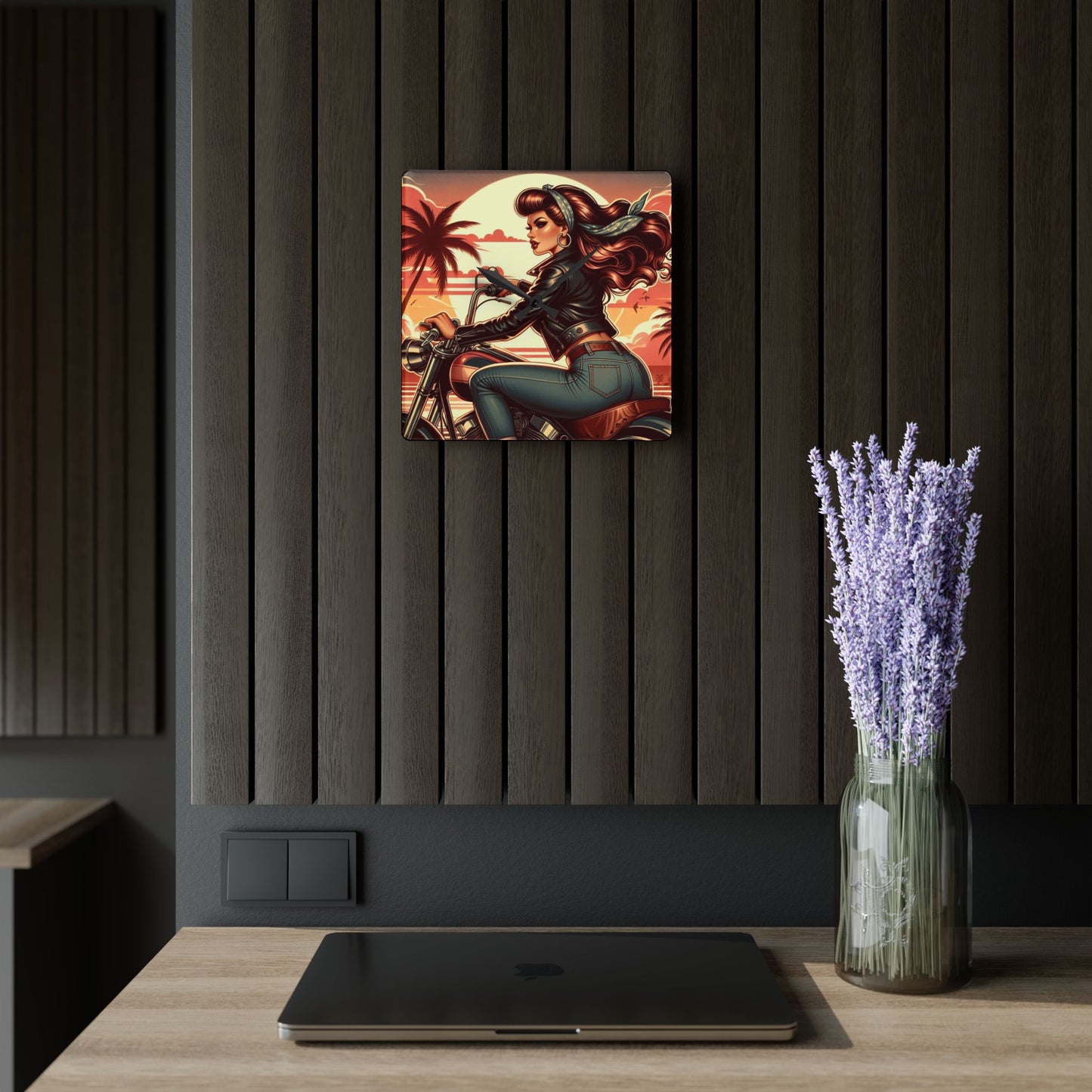 Acrylic Wall Clock - Girl Motorcycle Riding at the Beach