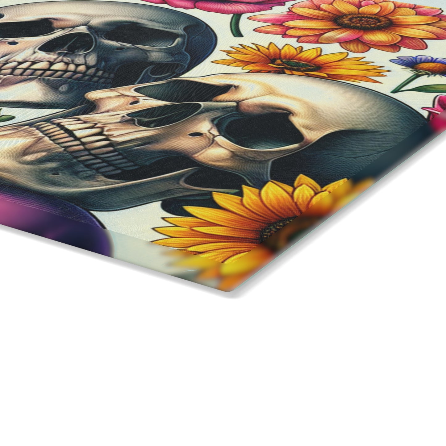 Glass Cutting Board –Floral Skull Gothic Boho Kitchen Decor & Gift