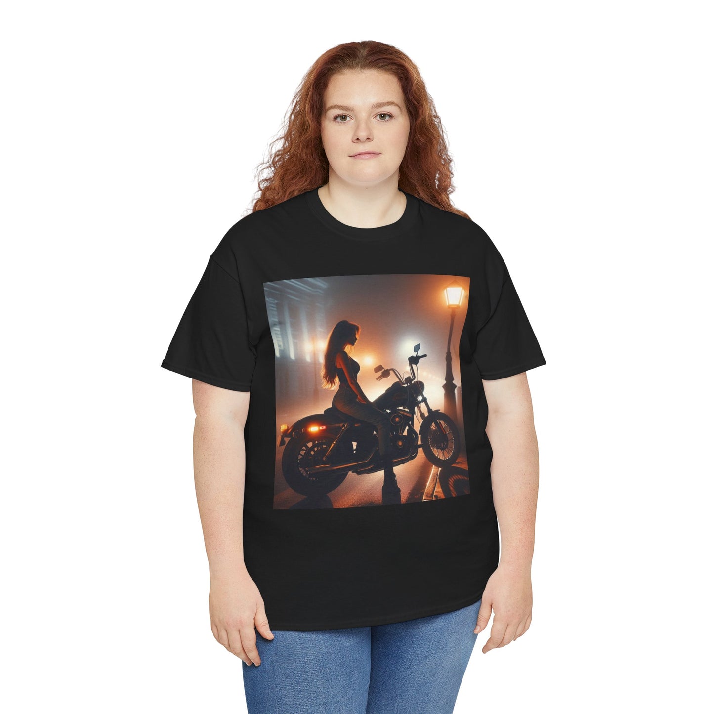 T-Shirt Pinup Biker Nighttime City Scene Unisex Heavy Cotton Tee