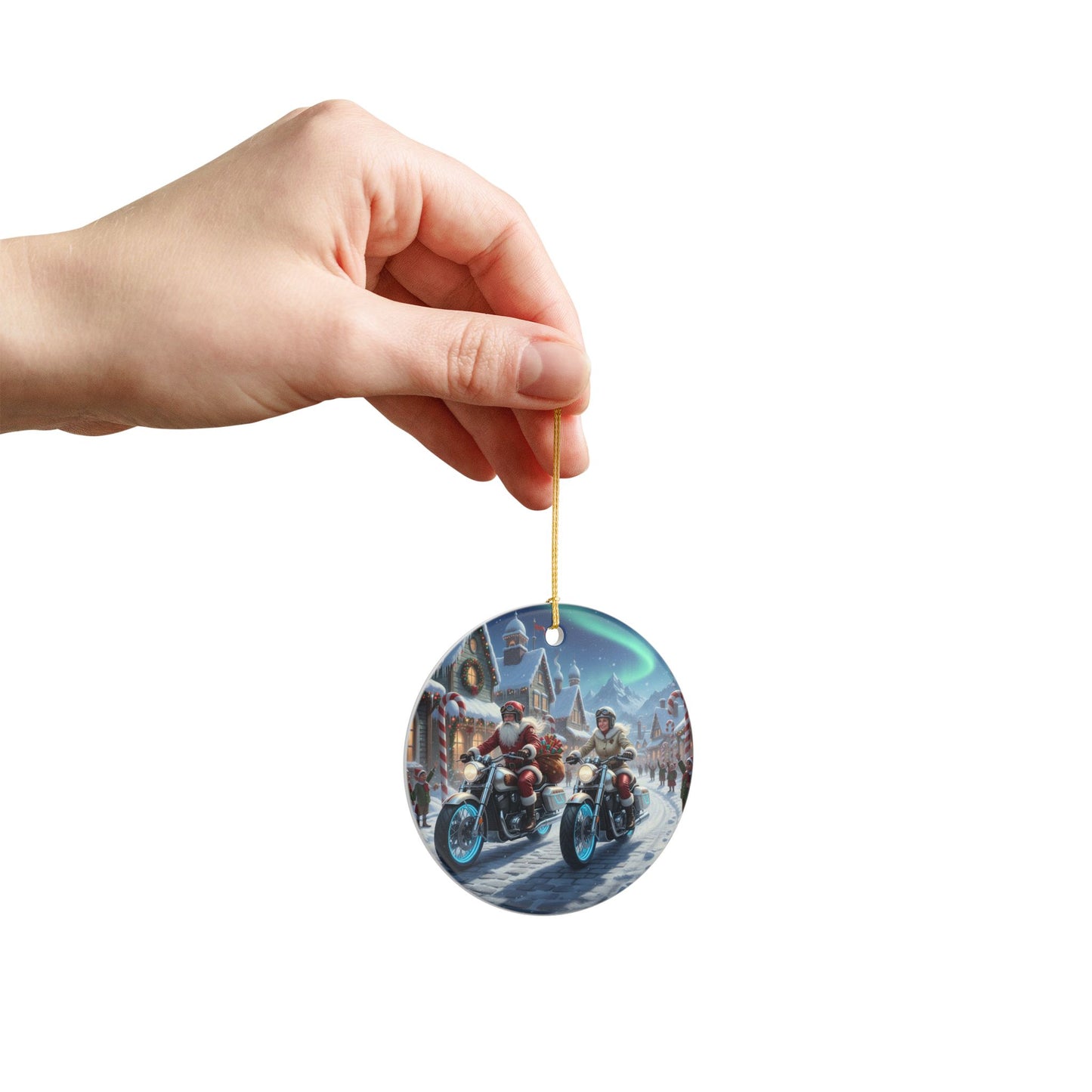 Festive Ceramic Holiday Ornament, Christmas Decoration, Unique Gift, Holiday Decor, Santa Biker Design, Winter Season Keepsake