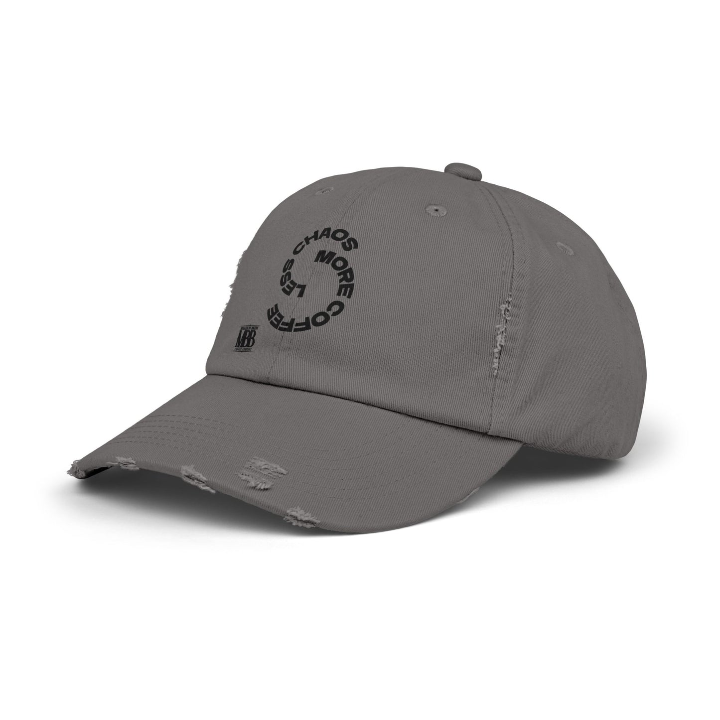 Distressed Unisex Cap with 'Less Chaos More Coffee' Design, Casual Headwear, Gift for Coffee Lovers, Trendy Hat, Relaxed Fit Cap
