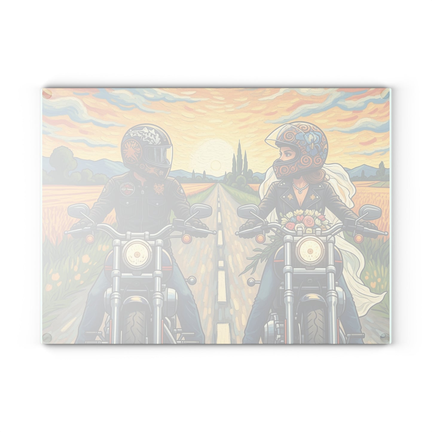Biker Glass Cutting Board, Motorcycle Couple- Kitchen Decor, Wedding Gift, Unique Gift for Him or Her, Cooking Accessory