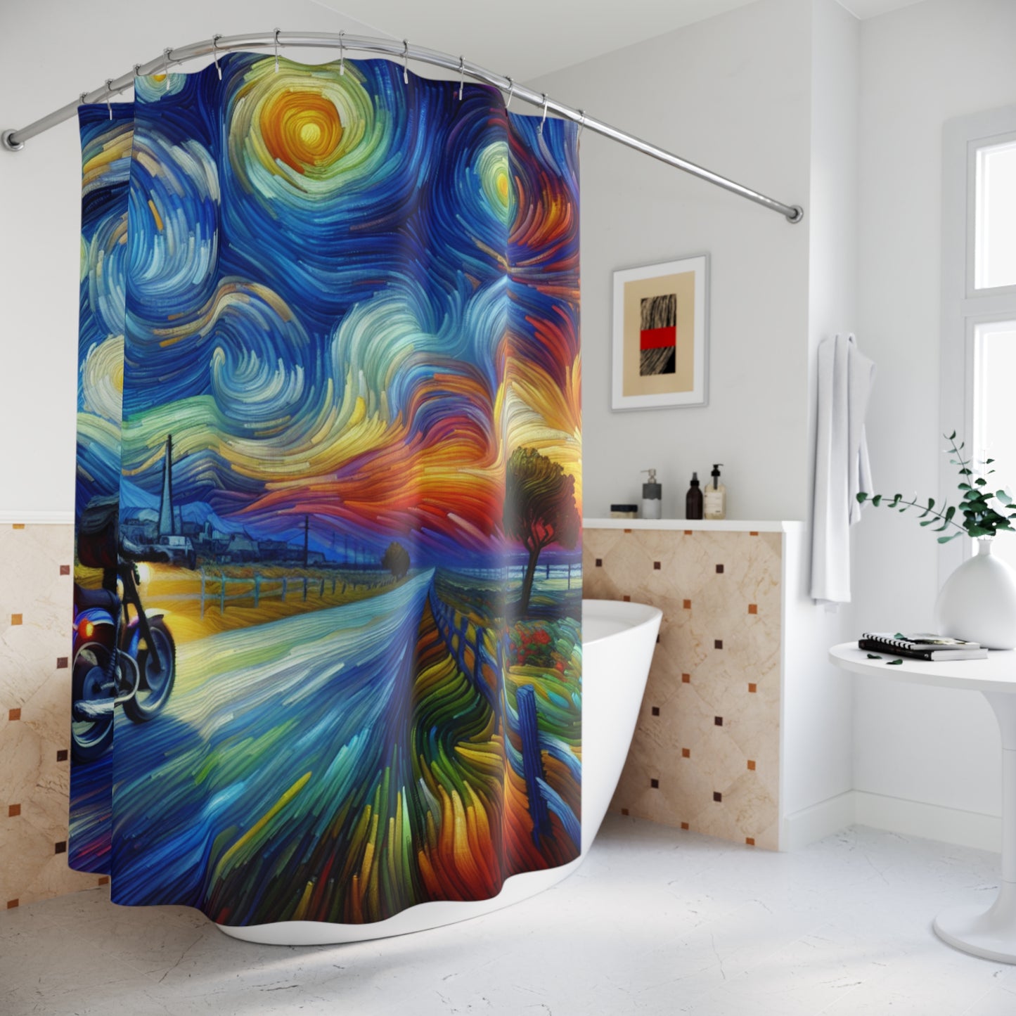 Shower Curtain-Starry Night Motorcycle - Vibrant Biker Art for Bathroom Decor