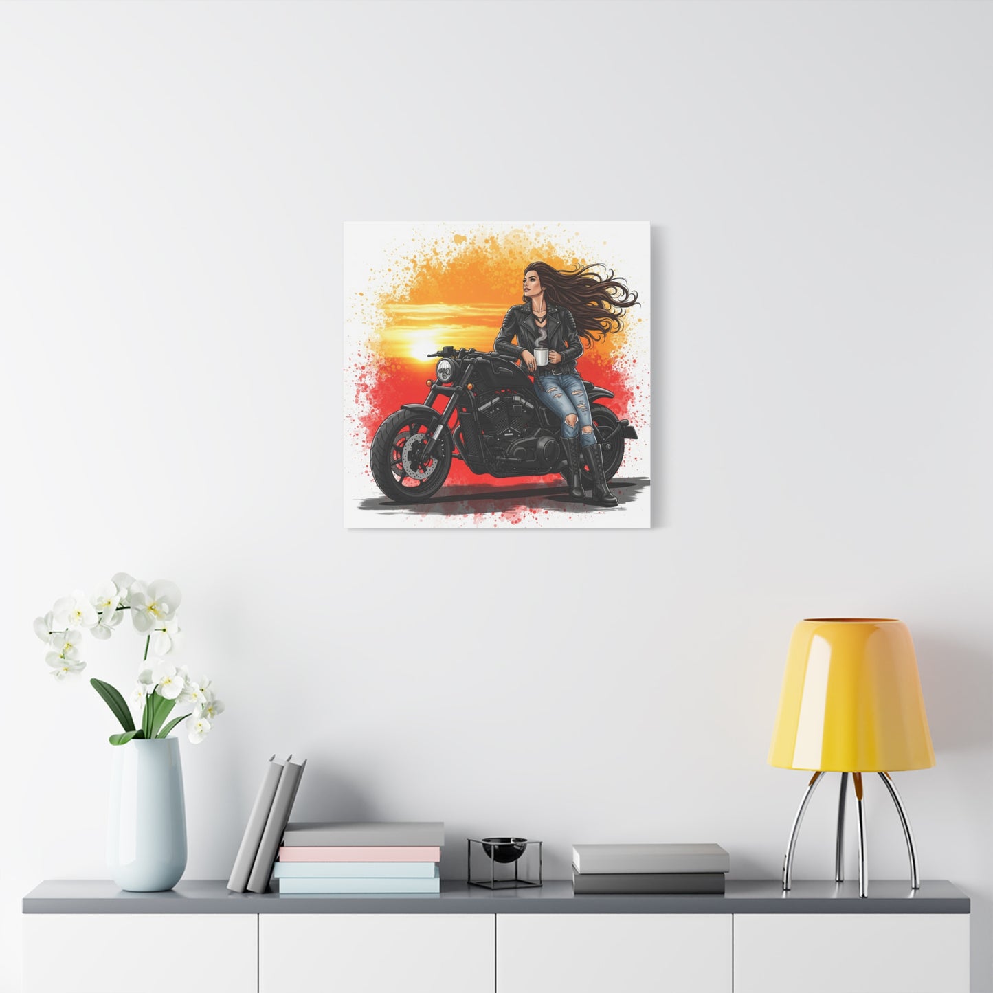 Biker Girl Sunset Canvas Print, Motorcycle Art, Home Decor, Riding Enthusiast Gift, Wall Art, Moto Lover Decorations