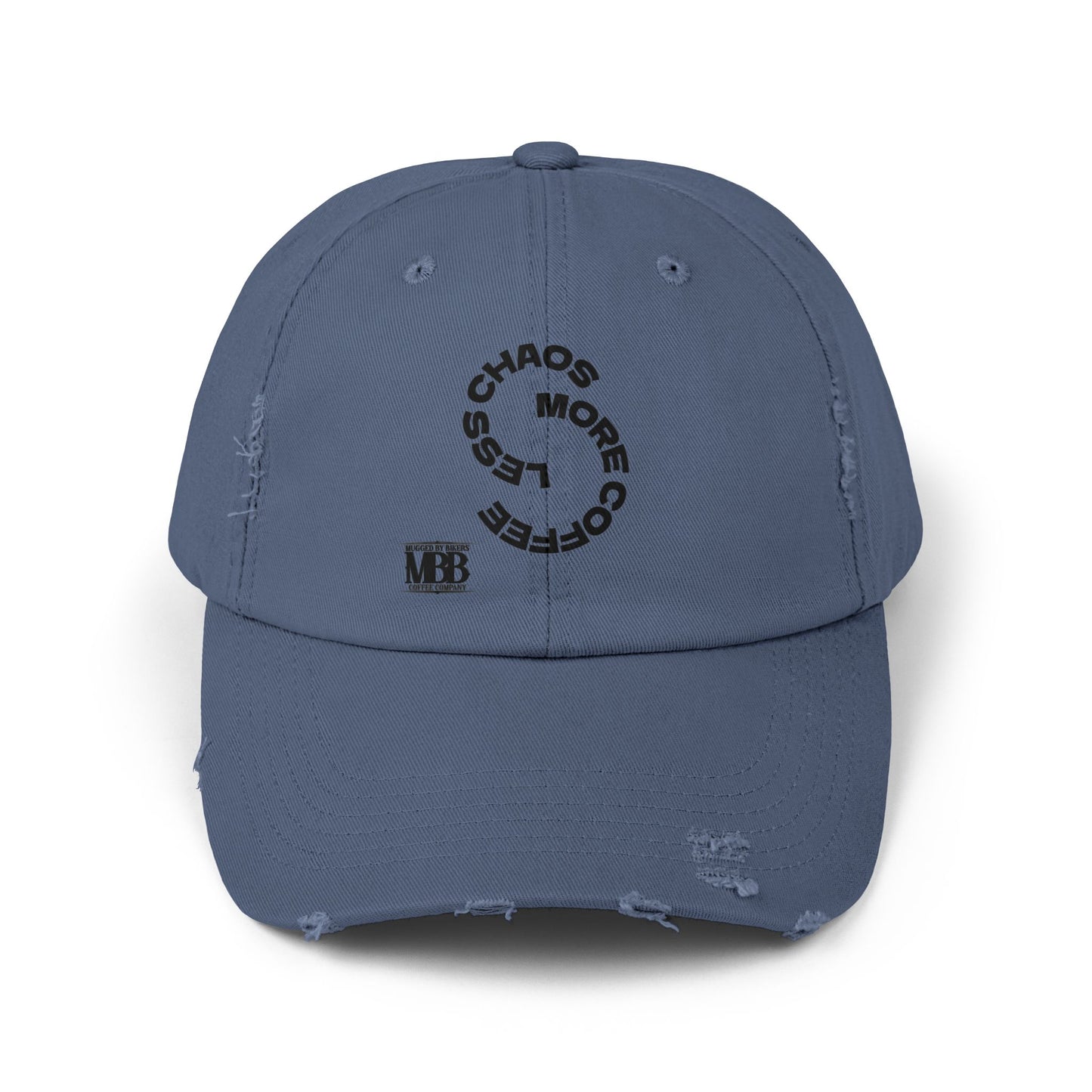 Distressed Unisex Cap with 'Less Chaos More Coffee' Design, Casual Headwear, Gift for Coffee Lovers, Trendy Hat, Relaxed Fit Cap