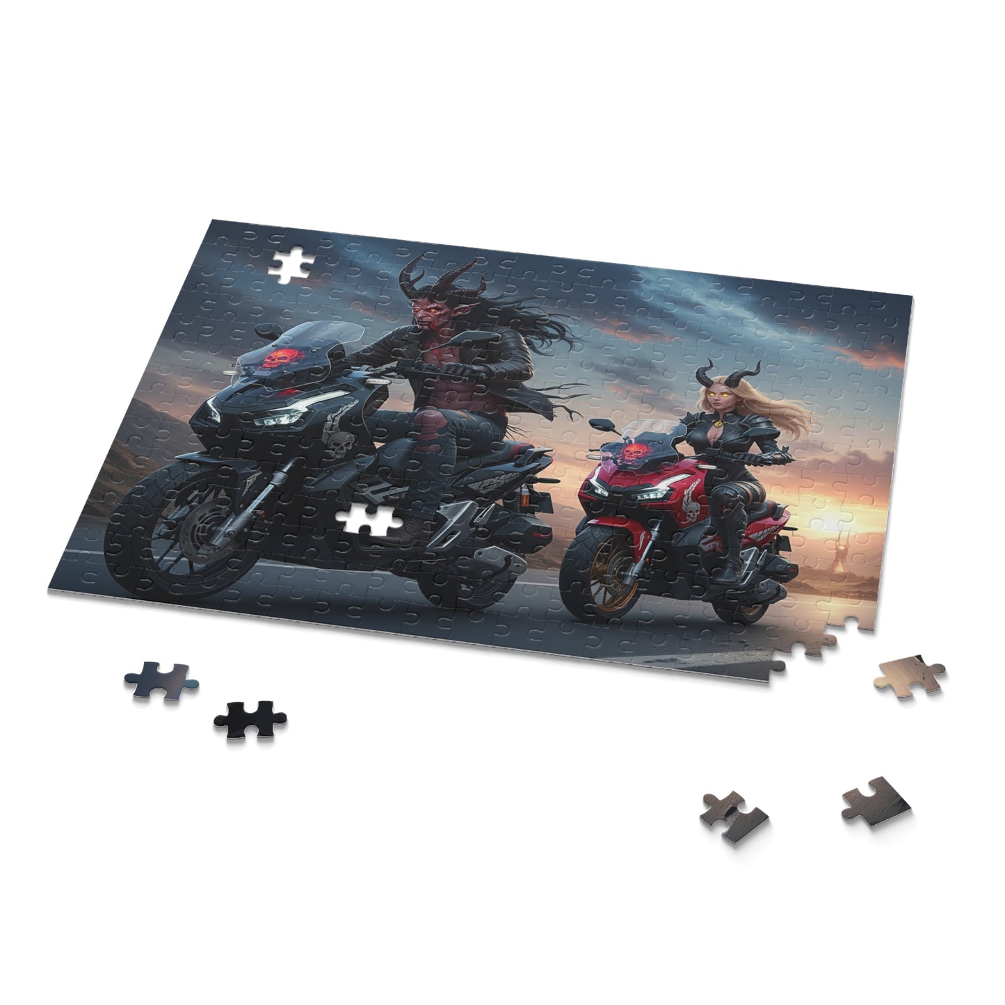 Demonic Biker Puzzle – 120, 252, 500-Piece Fantasy Jigsaw, Gift for Bikers, Gamers, Halloween Decor, Family Fun, Puzzle Lovers