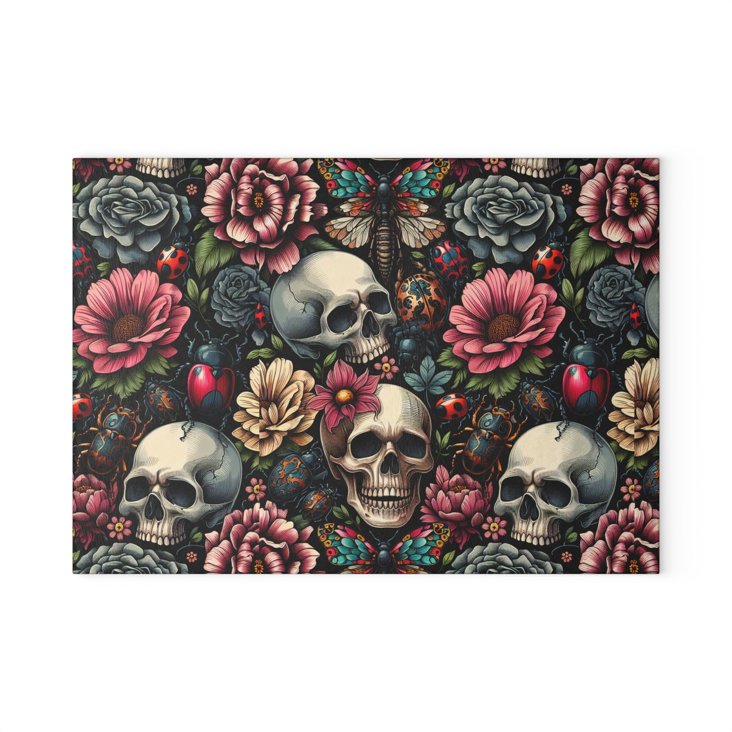 Gothic Floral Glass Cutting Board, Unique Kitchen Decor, Ideal for Gifts, Home Cooking, Halloween, Party Supplies, Skull Design