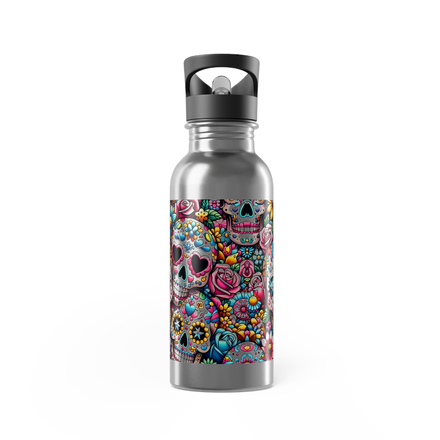 Water Bottle with Straw - Sugar Skulls and Flowers Design, 20oz