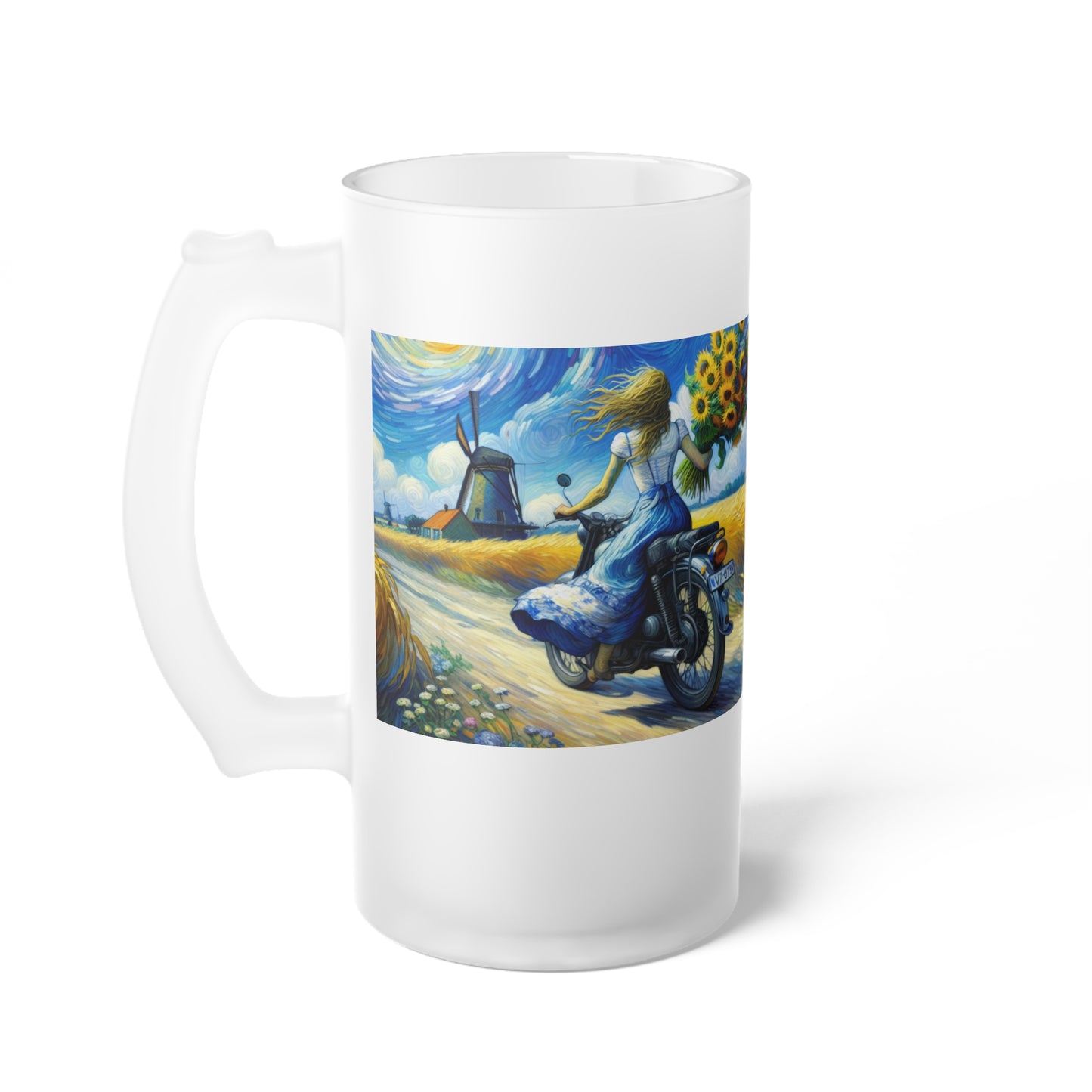 Frosted Glass Beer Mug - Perfect for Motorcycle Lovers & Sunflower Enthusiasts-Van Gogh Inspired Biker art