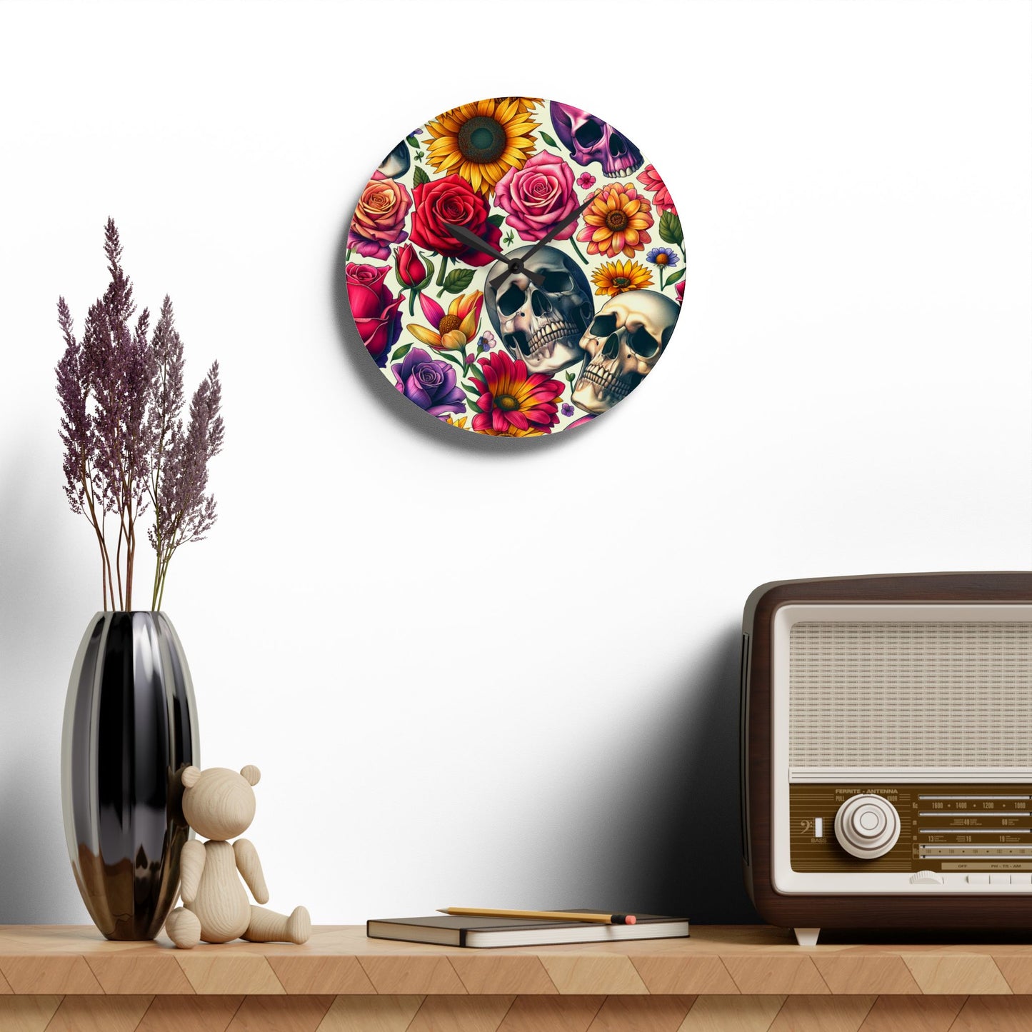 Acrylic Wall Clock-Skulls and Roses Pattern-Kitchen Clock