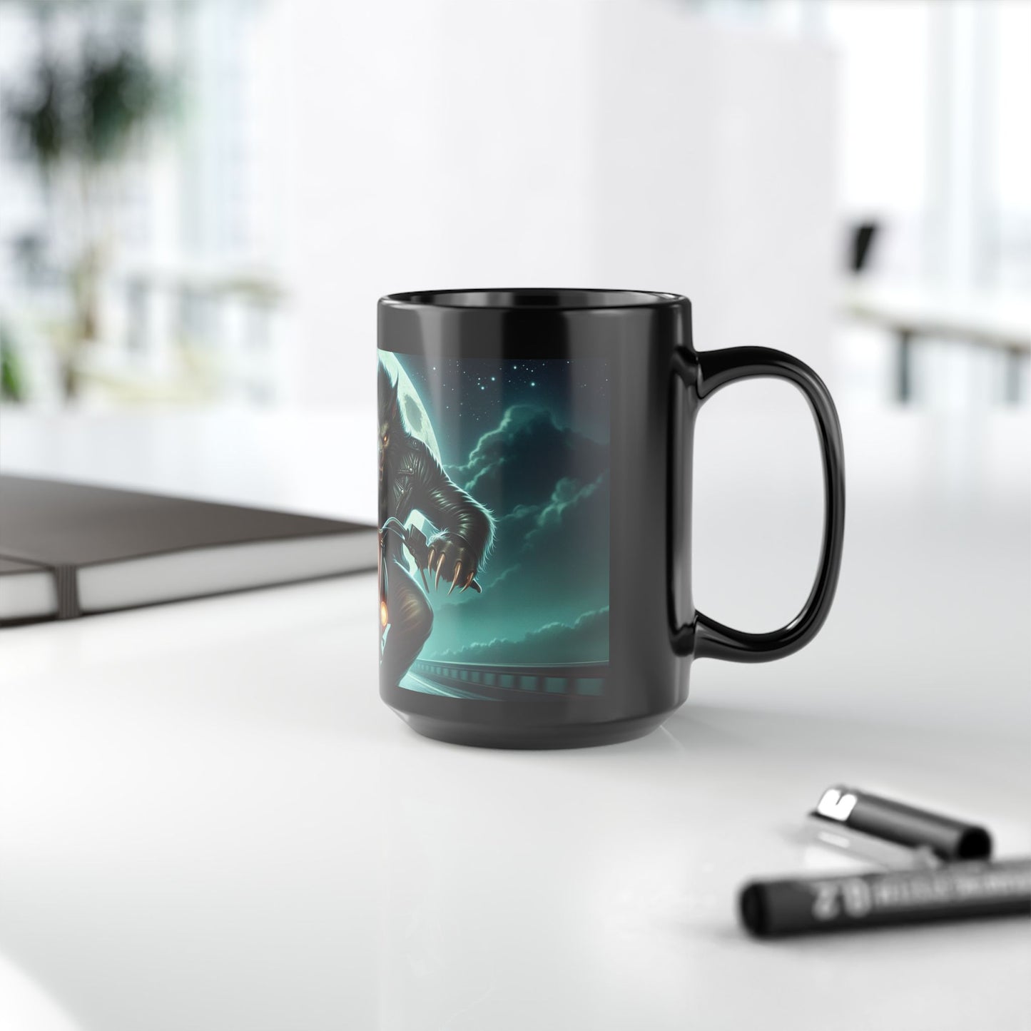 Werewolf Motorcycle Mug | Black Coffee Cup | Unique Gift for Bikers | Halloween Decor | Funny Wolf Mug 15oz