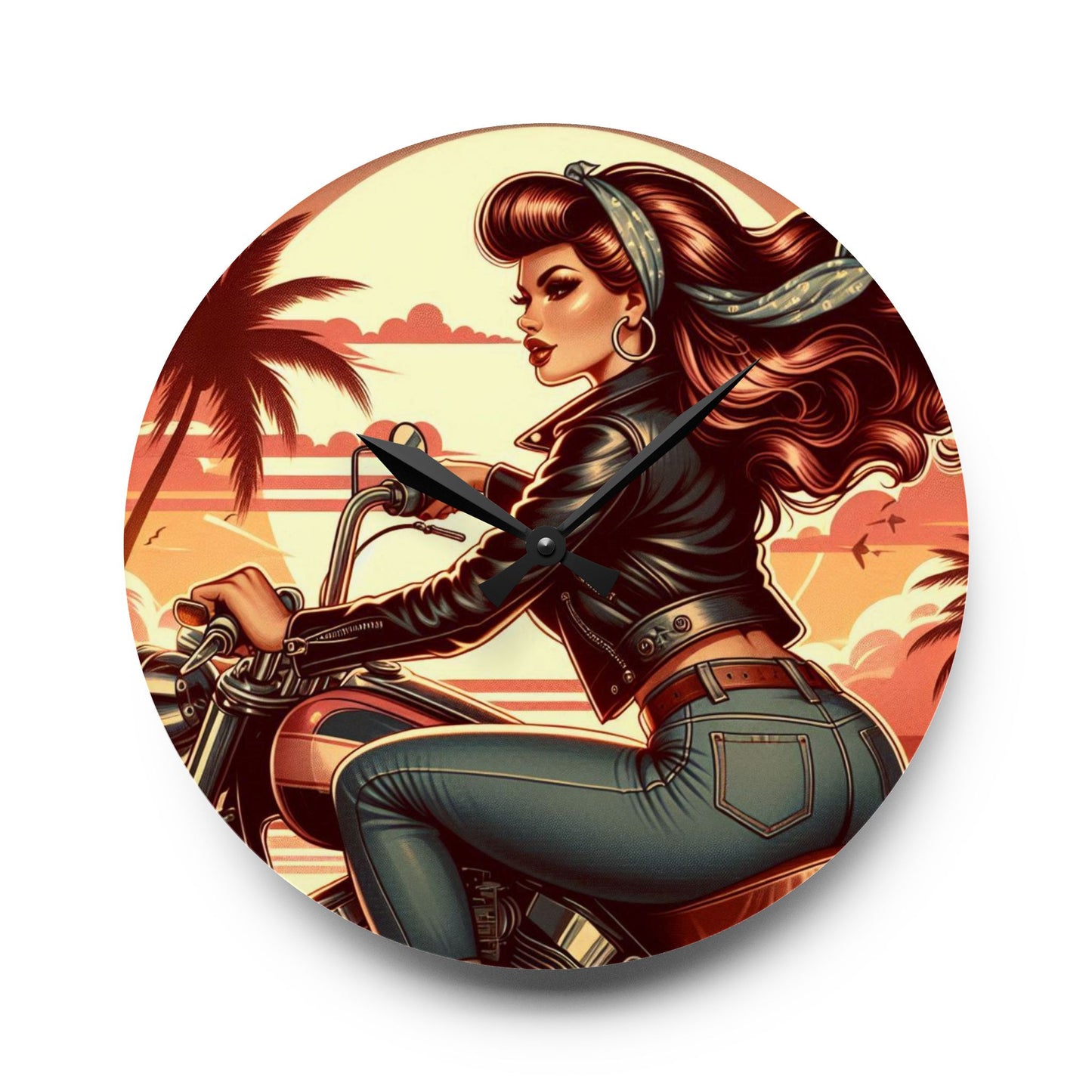 Acrylic Wall Clock - Girl Motorcycle Riding at the Beach
