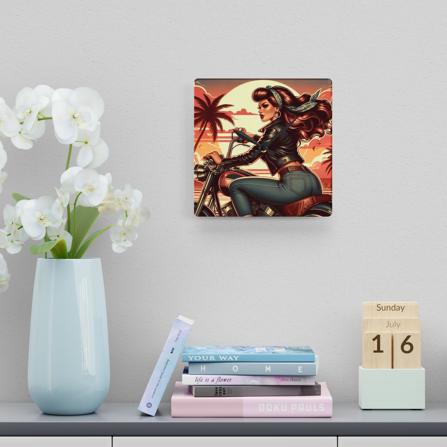 Acrylic Wall Clock - Girl Motorcycle Riding at the Beach