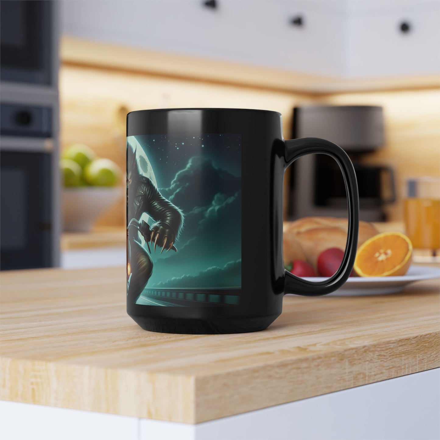 Werewolf Motorcycle Mug | Black Coffee Cup | Unique Gift for Bikers | Halloween Decor | Funny Wolf Mug 15oz
