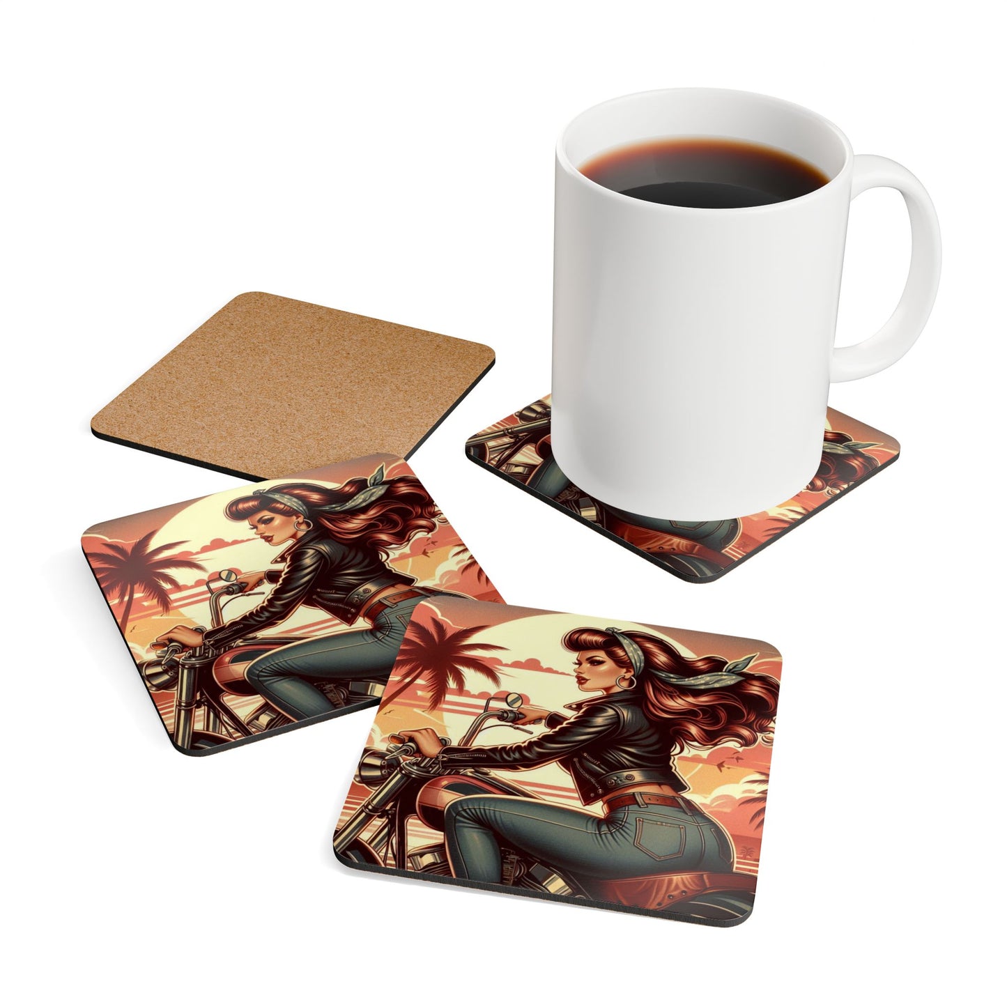 Coaster Set-Motorcycle Bar-Pinup Art-Man Cave