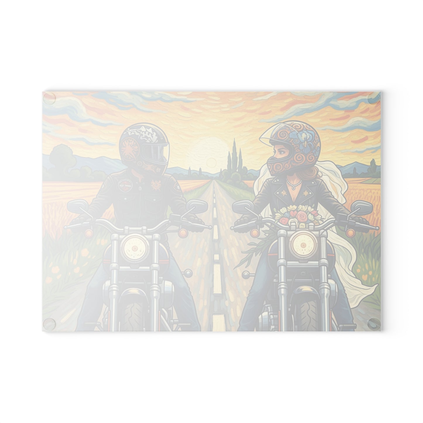 Biker Glass Cutting Board, Motorcycle Couple- Kitchen Decor, Wedding Gift, Unique Gift for Him or Her, Cooking Accessory
