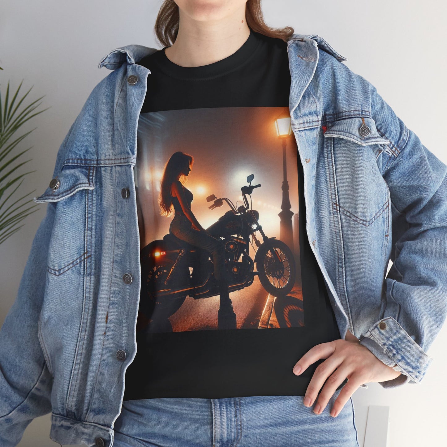 T-Shirt Pinup Biker Nighttime City Scene Unisex Heavy Cotton Tee
