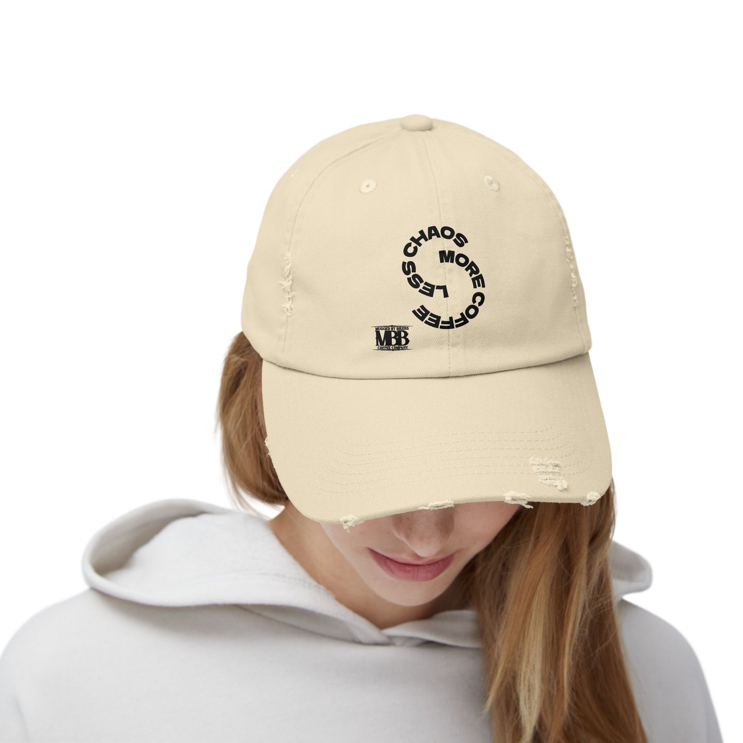 Distressed Unisex Cap with 'Less Chaos More Coffee' Design, Casual Headwear, Gift for Coffee Lovers, Trendy Hat, Relaxed Fit Cap
