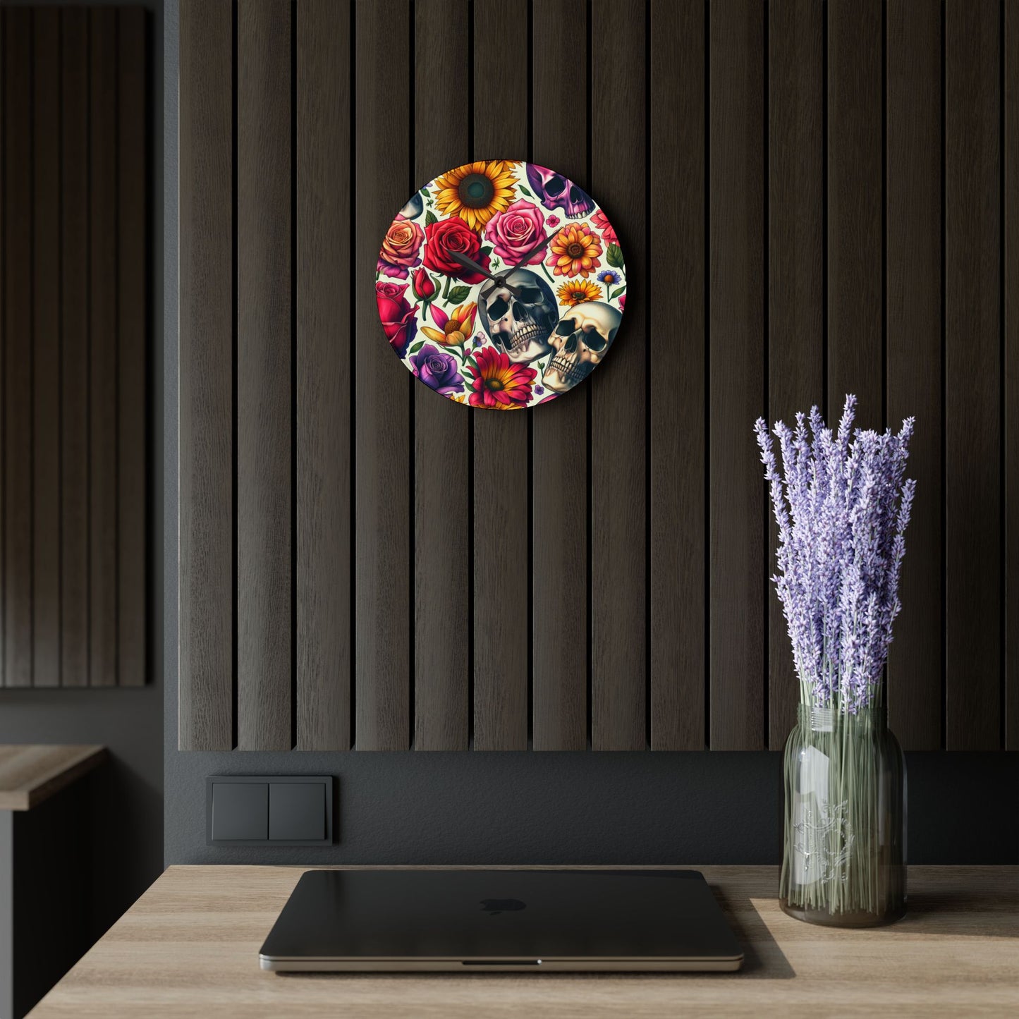 Acrylic Wall Clock-Skulls and Roses Pattern-Kitchen Clock