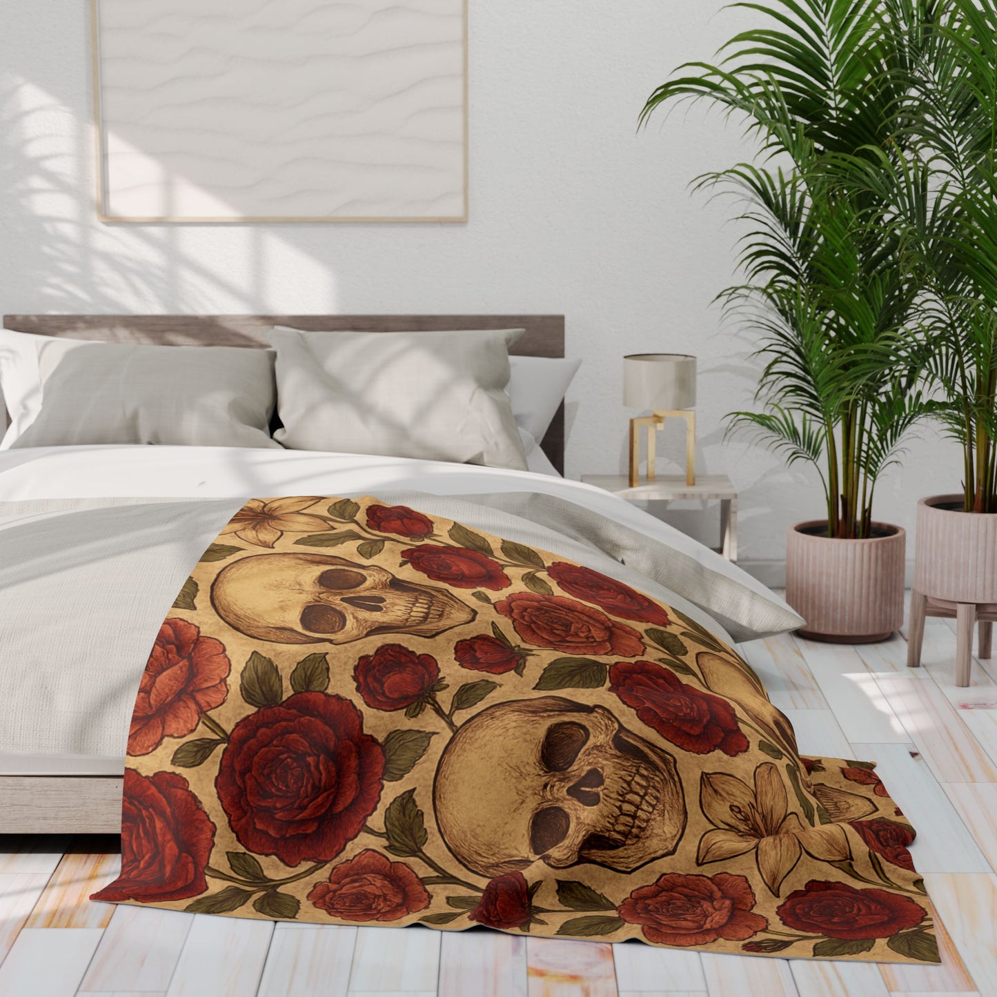Fleece Blanket - Skulls and Floral Pattern in Creams and Reds