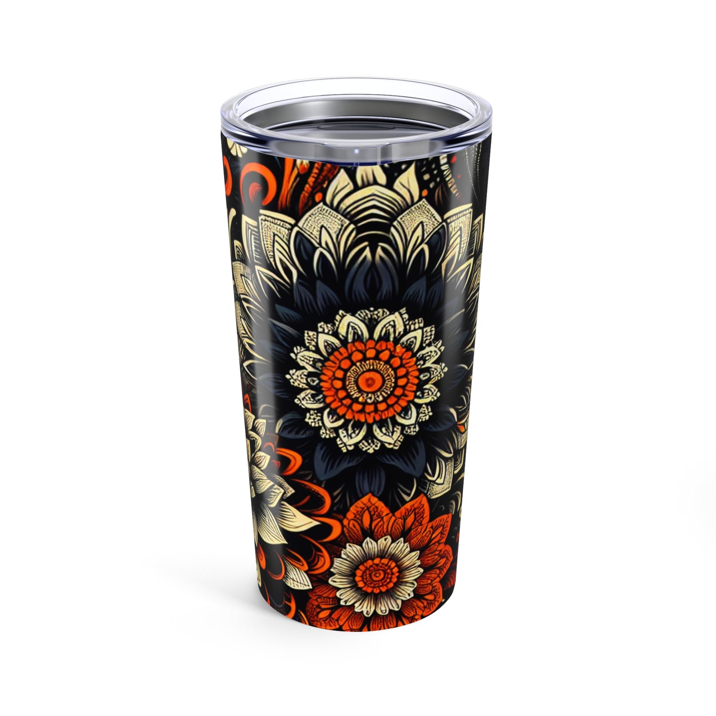 Travel Mug- Bold Black and Orange-Allover Floral Pattern