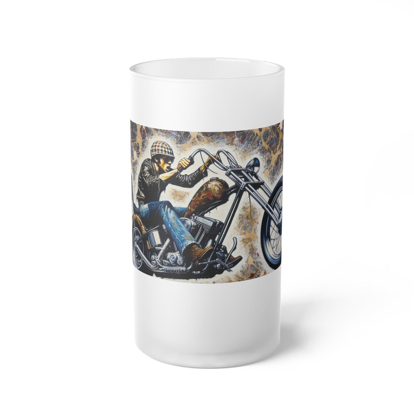 Frosted Glass Beer Mug | Vintage Motorcycle Design | Perfect Gift for Bikers