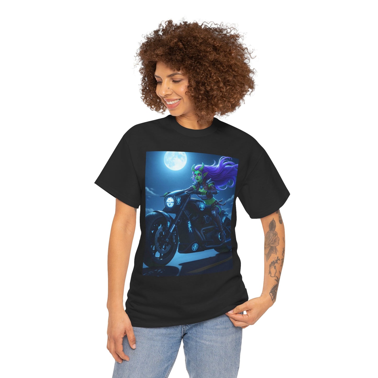 Moonlight Rider Unisex Heavy Cotton Tee, Biker Shirt, Motorcycle Enthusiast Tee, Halloween Shirt, Gift for Him/Her